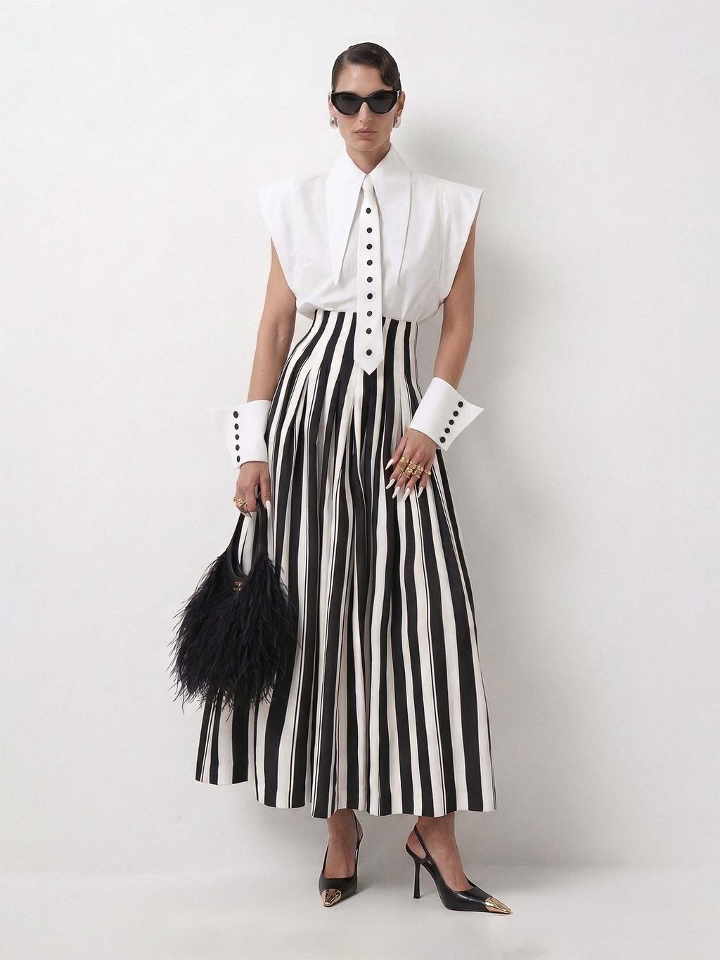 High-Waisted Striped Cotton Maxi Skirt, worn by a model, front view