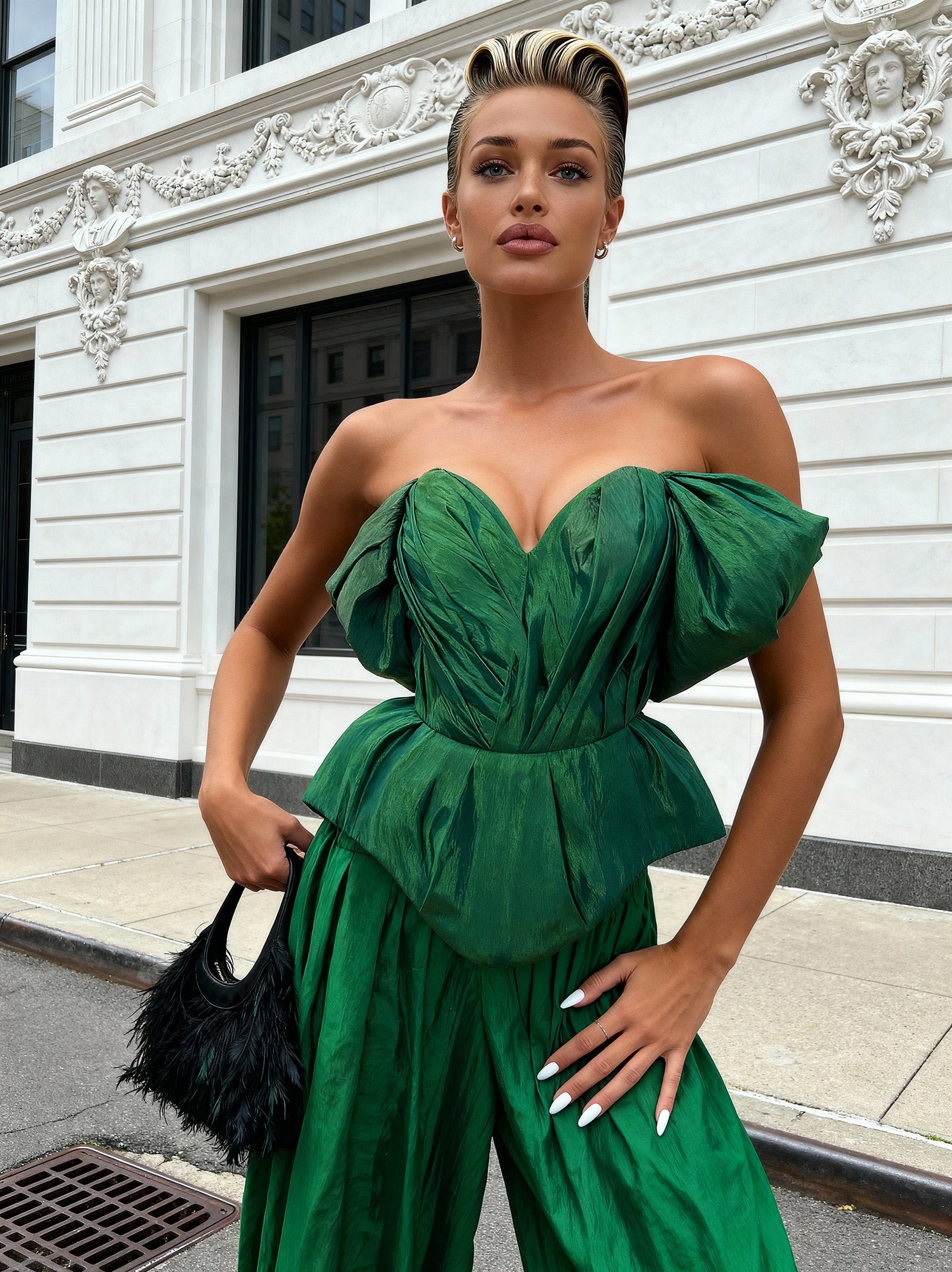 Emerald Green Silk Taffeta Draped Corset with Peplum
