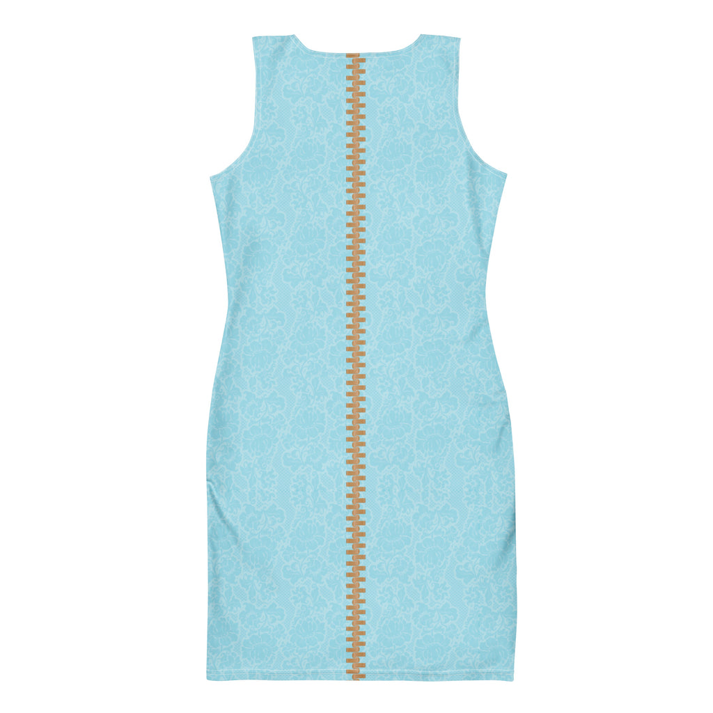 Aqua blue lace imitation bodycon mini dress with gold zipper detail and sleeveless design