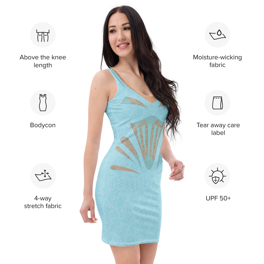 Aqua blue bodycon mini dress with lace illusion pattern worn by model, showing product features and fabric details