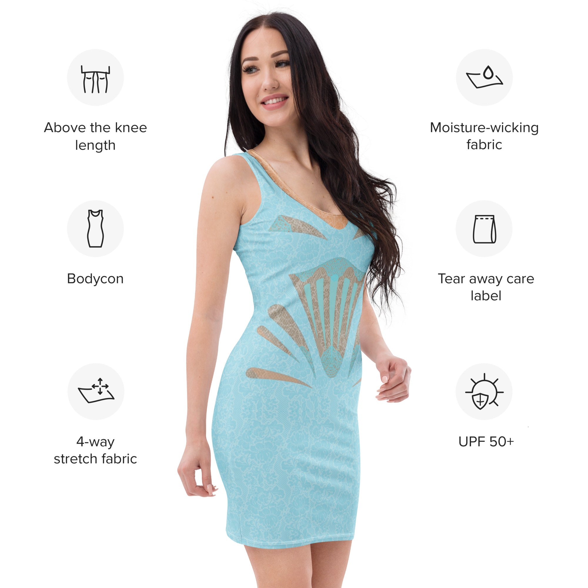 Aqua blue bodycon mini dress with lace illusion pattern worn by model, showing product features and fabric details