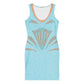 Aqua blue bodycon mini dress with golden art deco pattern and lace illusion detail featuring v-neckline