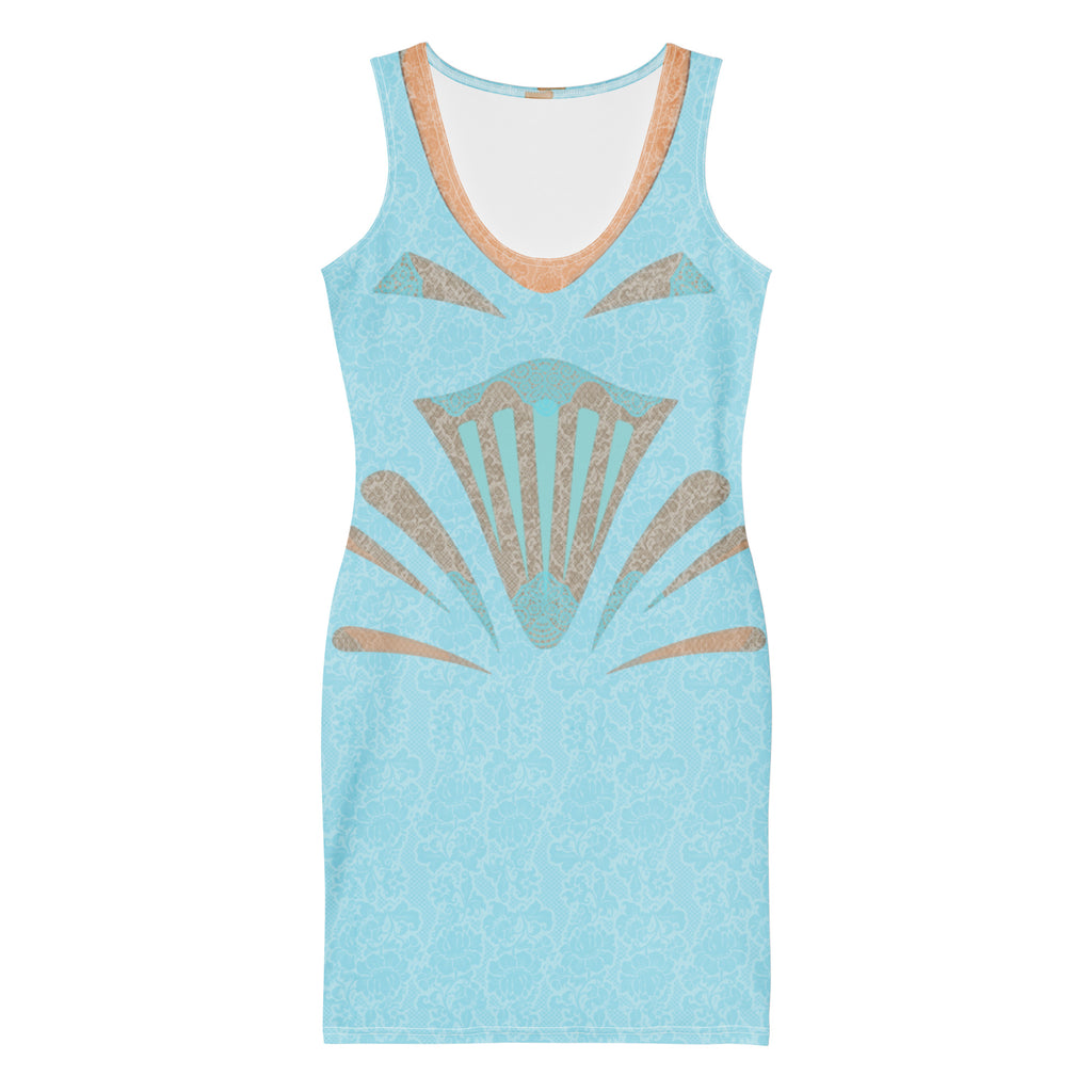 Aqua blue bodycon mini dress with golden art deco pattern and lace illusion detail featuring v-neckline