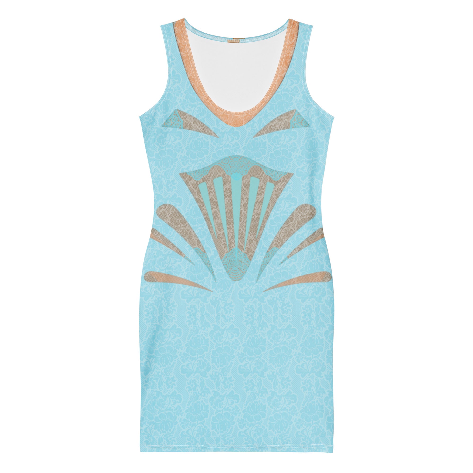 Aqua blue bodycon mini dress with golden art deco pattern and lace illusion detail featuring v-neckline