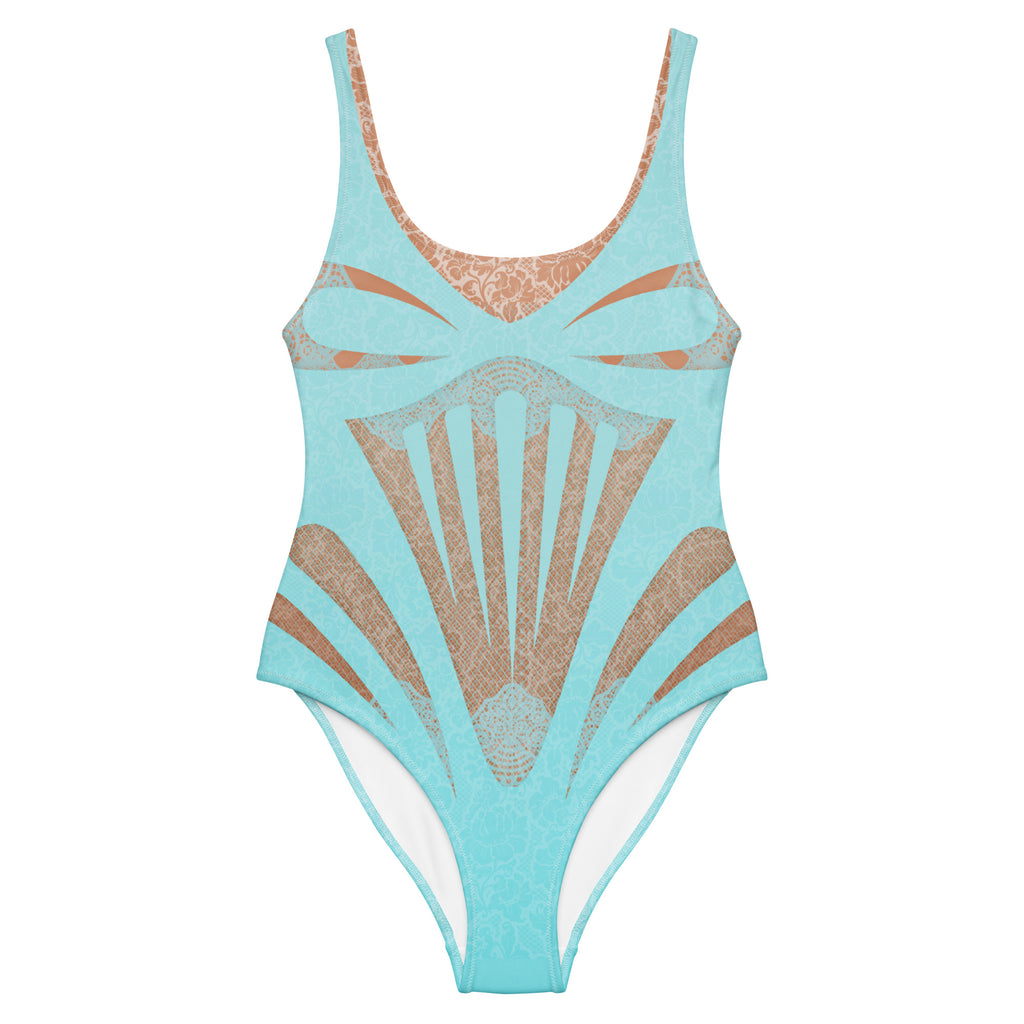 Aqua Blue Luxy Lace One-Piece Swimsuit with art deco-inspired lace pattern and geometric cutouts on turquoise fabric