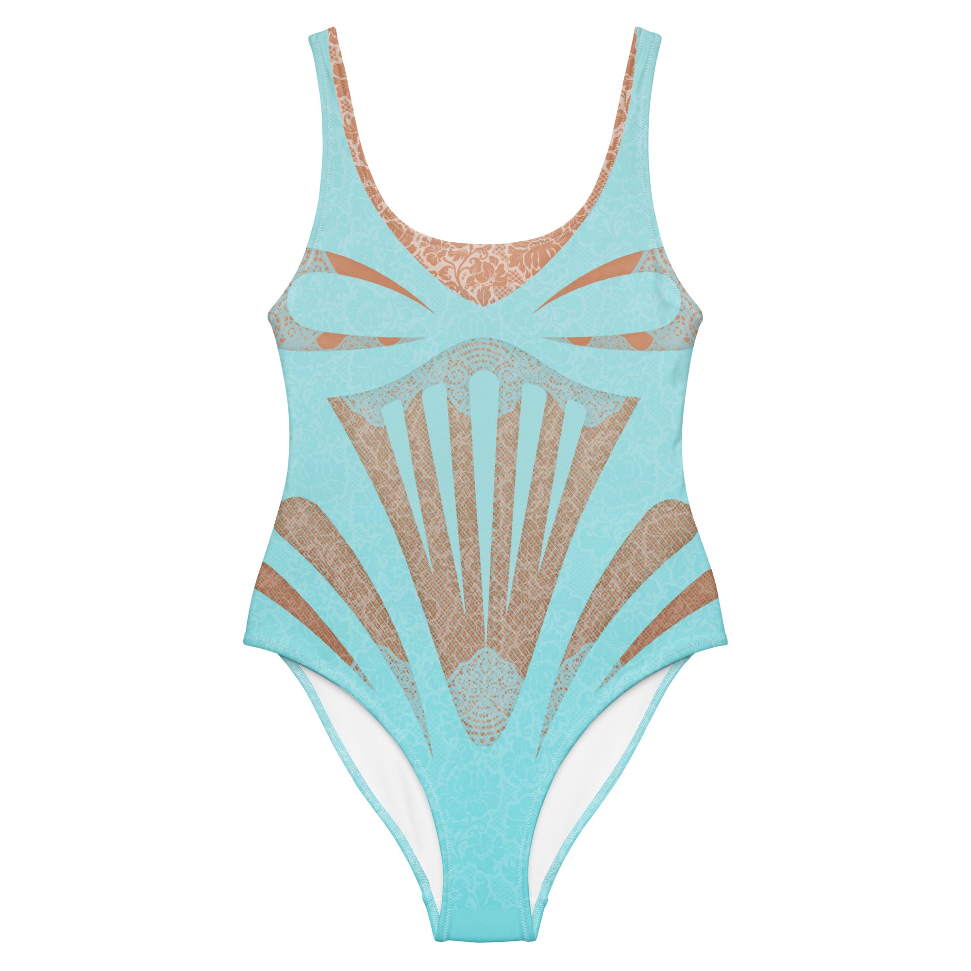 Aqua Blue Luxy Lace One-Piece Swimsuit with art deco-inspired lace pattern and geometric cutouts on turquoise fabric