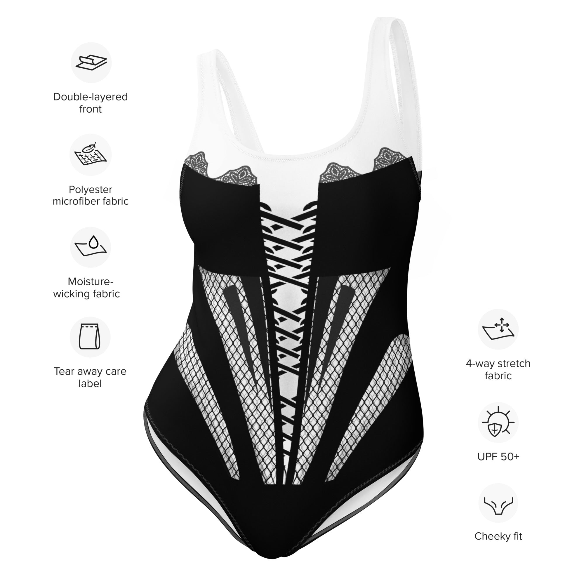 Corset Lacing Imitation Black and White One-Piece Swimsuit - Mologoko Couture