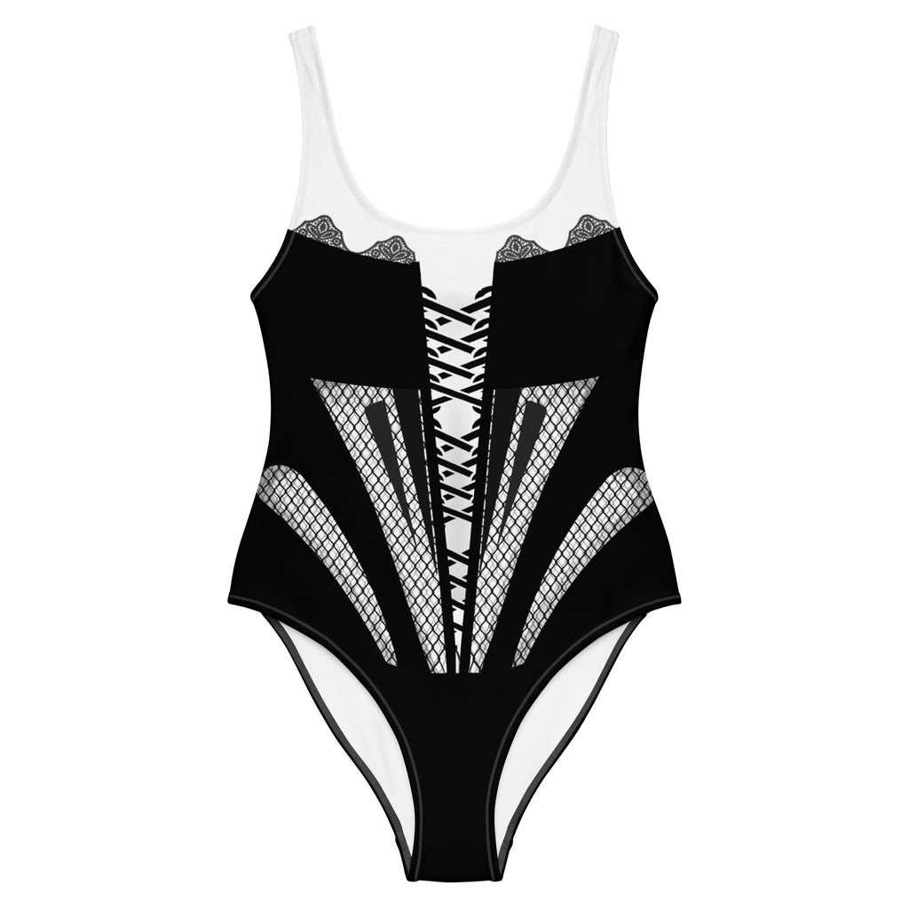 Corset Lacing Imitation Black and White One-Piece Swimsuit - Mologoko Couture