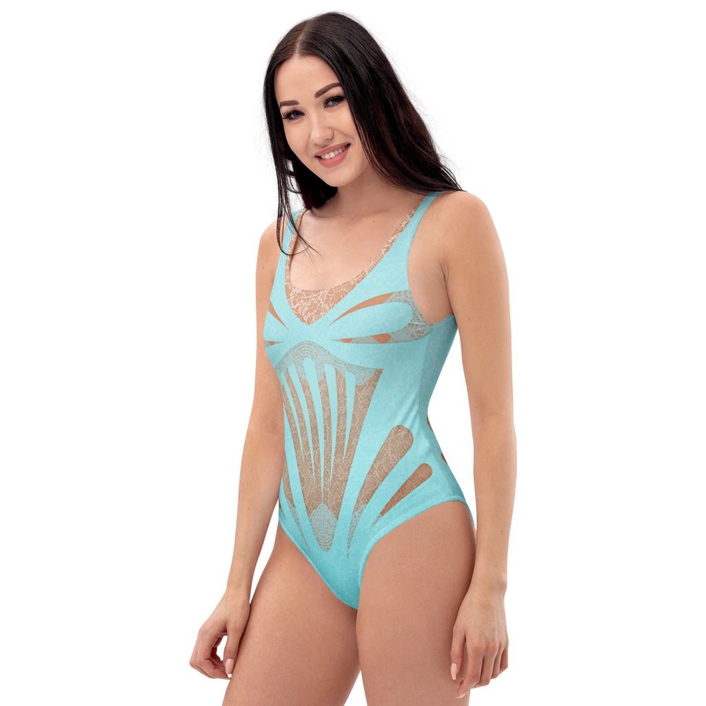 Aqua Blue Luxy Lace One-Piece Swimsuit - Mologoko Couture