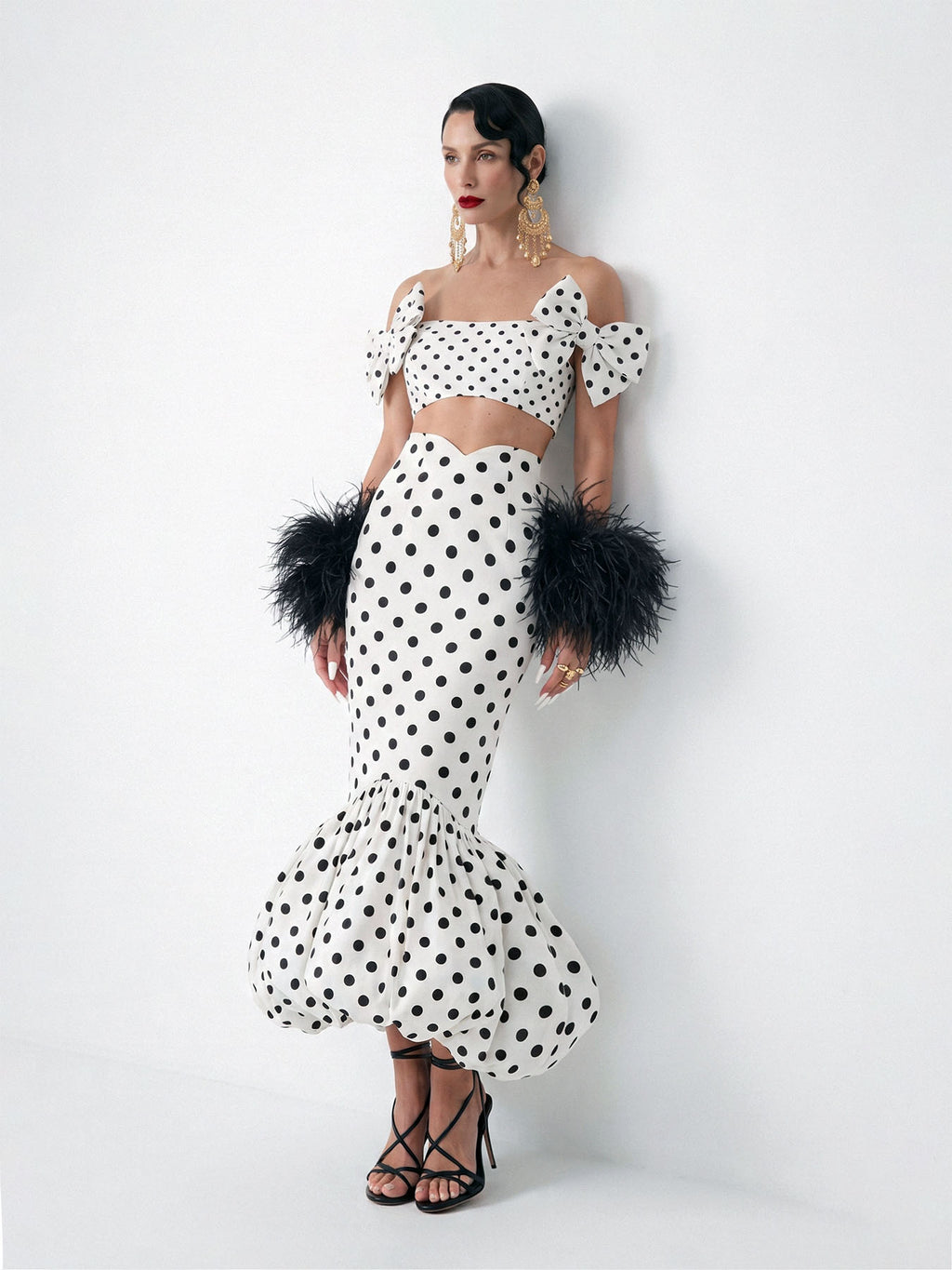 Polka dot Beatrice Single Bubble Skirt, worn by a model, front view