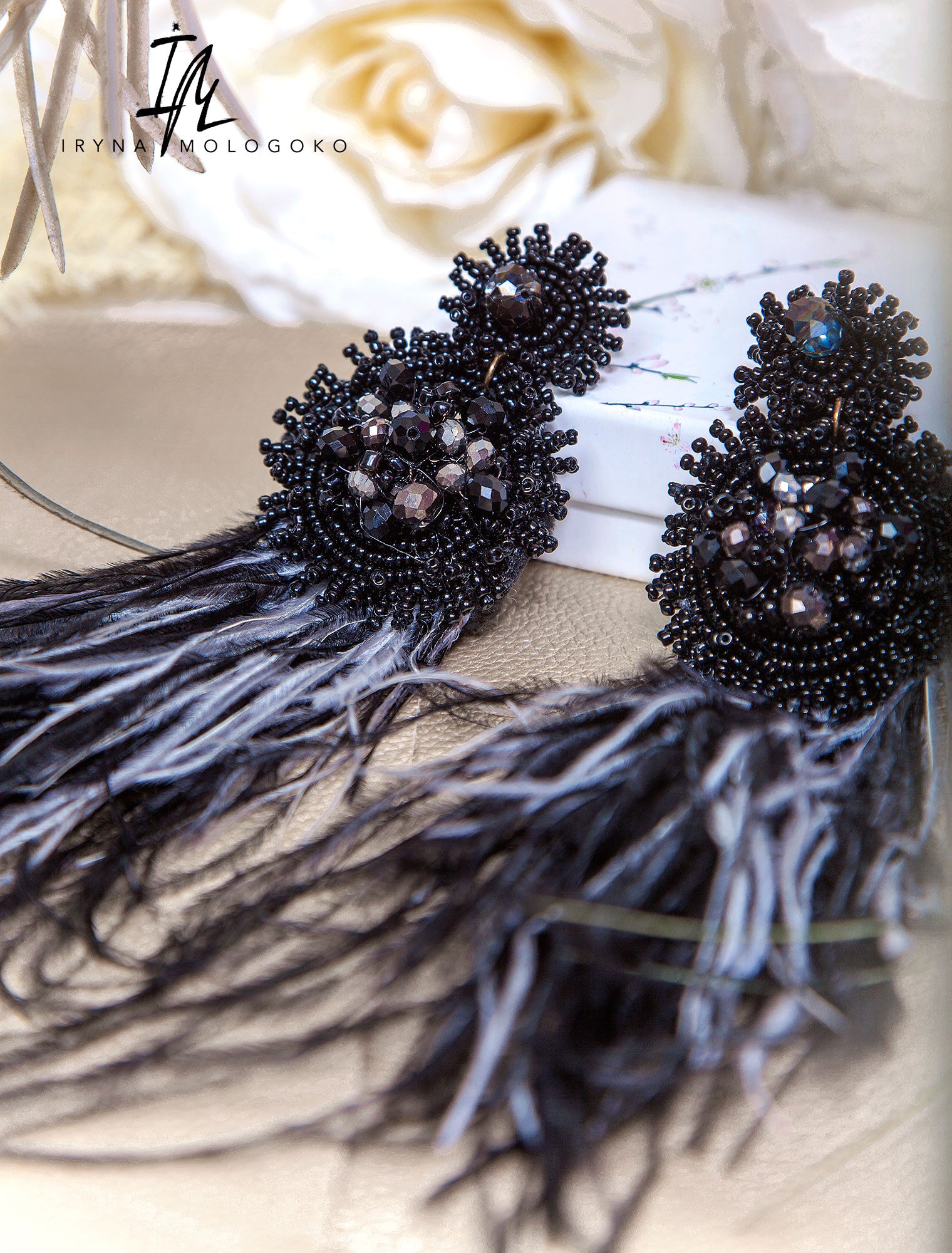 Black and Grey TWO TONE BEADED STATEMENT EARRINGS - Mologoko Couture