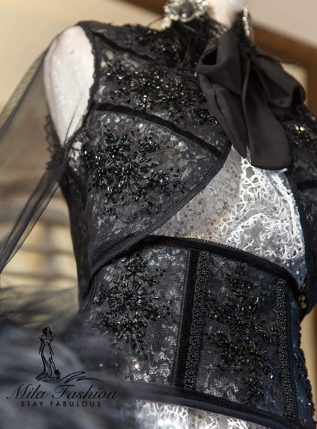 Embroidered Semi Sheer Large Tulle Sleeves Black Bolero Jacket - Mologoko Couture