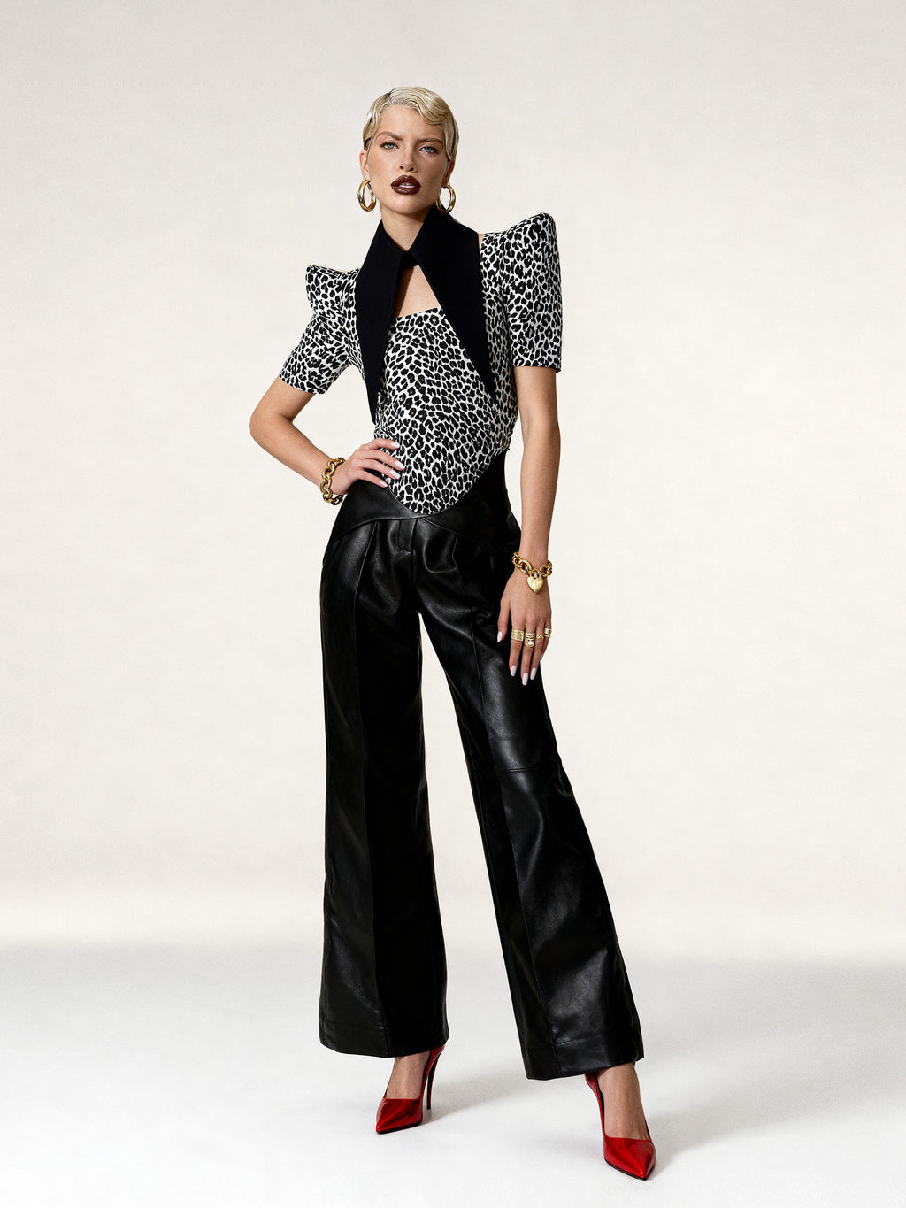 Leopard Stretch Cotton Twill Corseted Top with Sleeves