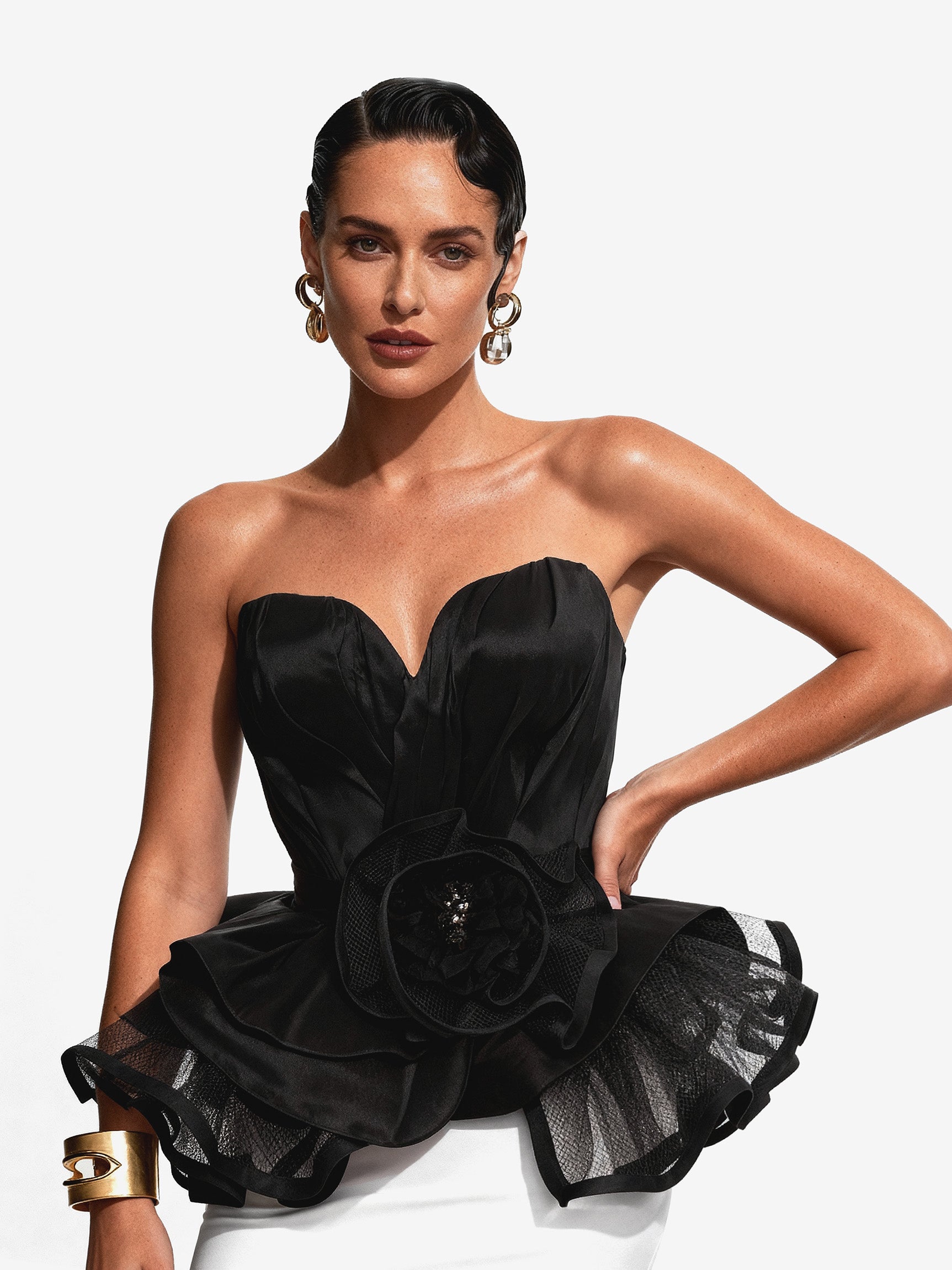 Dina Red Carpet Style Corset with Peplum and Flower