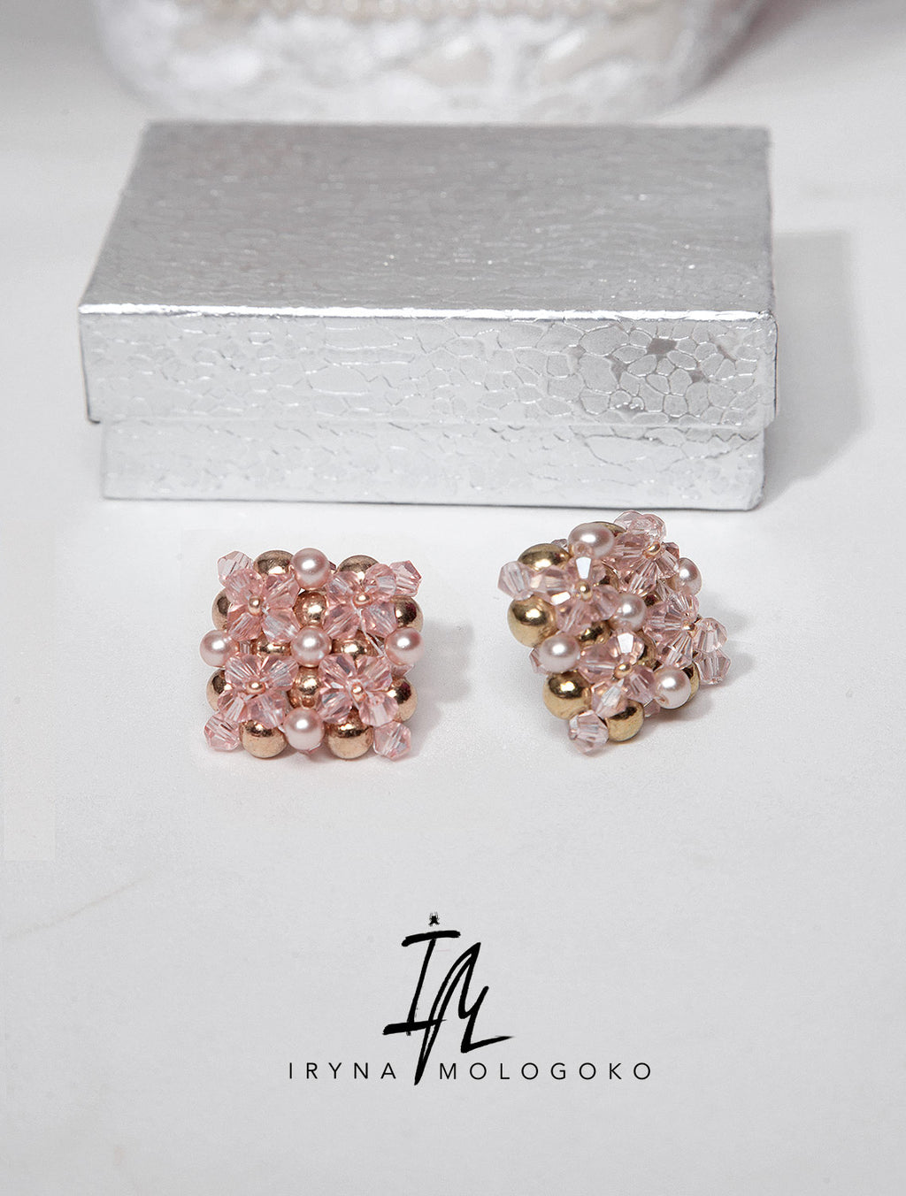 BLUSH PINK GOLD BEADED SQUARE STUD EARRINGS - Mologoko Couture