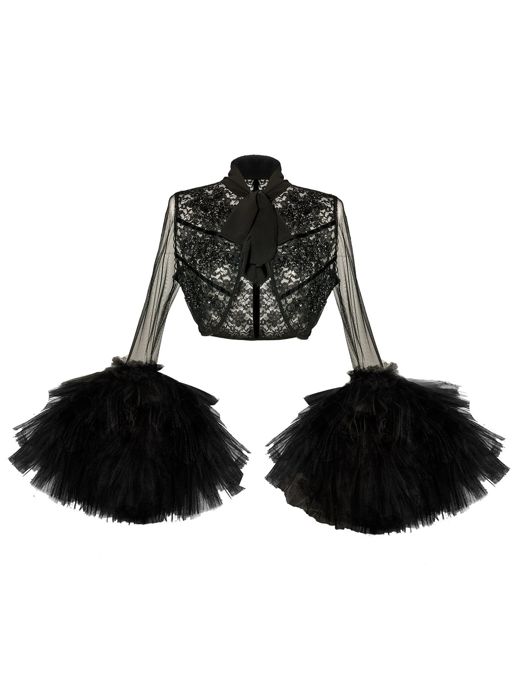 Embroidered Semi Sheer Large Tulle Sleeves Black Bolero Jacket - Mologoko Couture