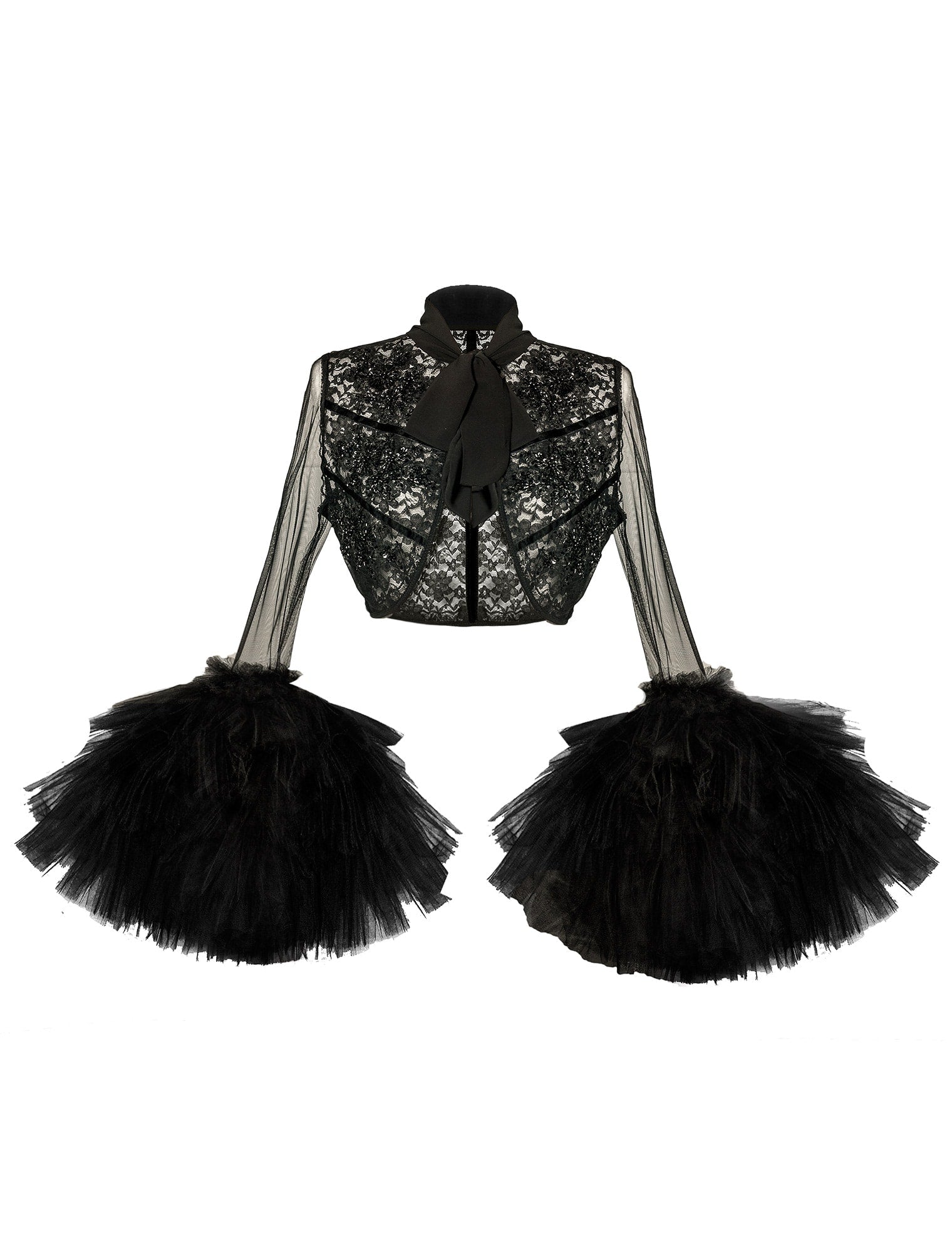 Embroidered Semi Sheer Large Tulle Sleeves Black Bolero Jacket - Mologoko Couture