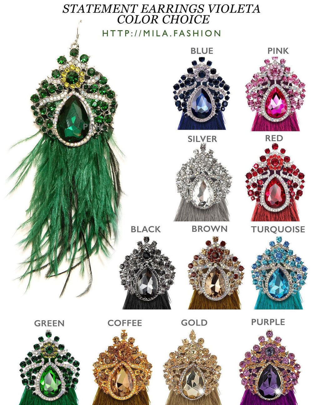 EMERALD GREEN VIOLETA Dangle Statement Feather Earrings on POST - Mologoko Couture