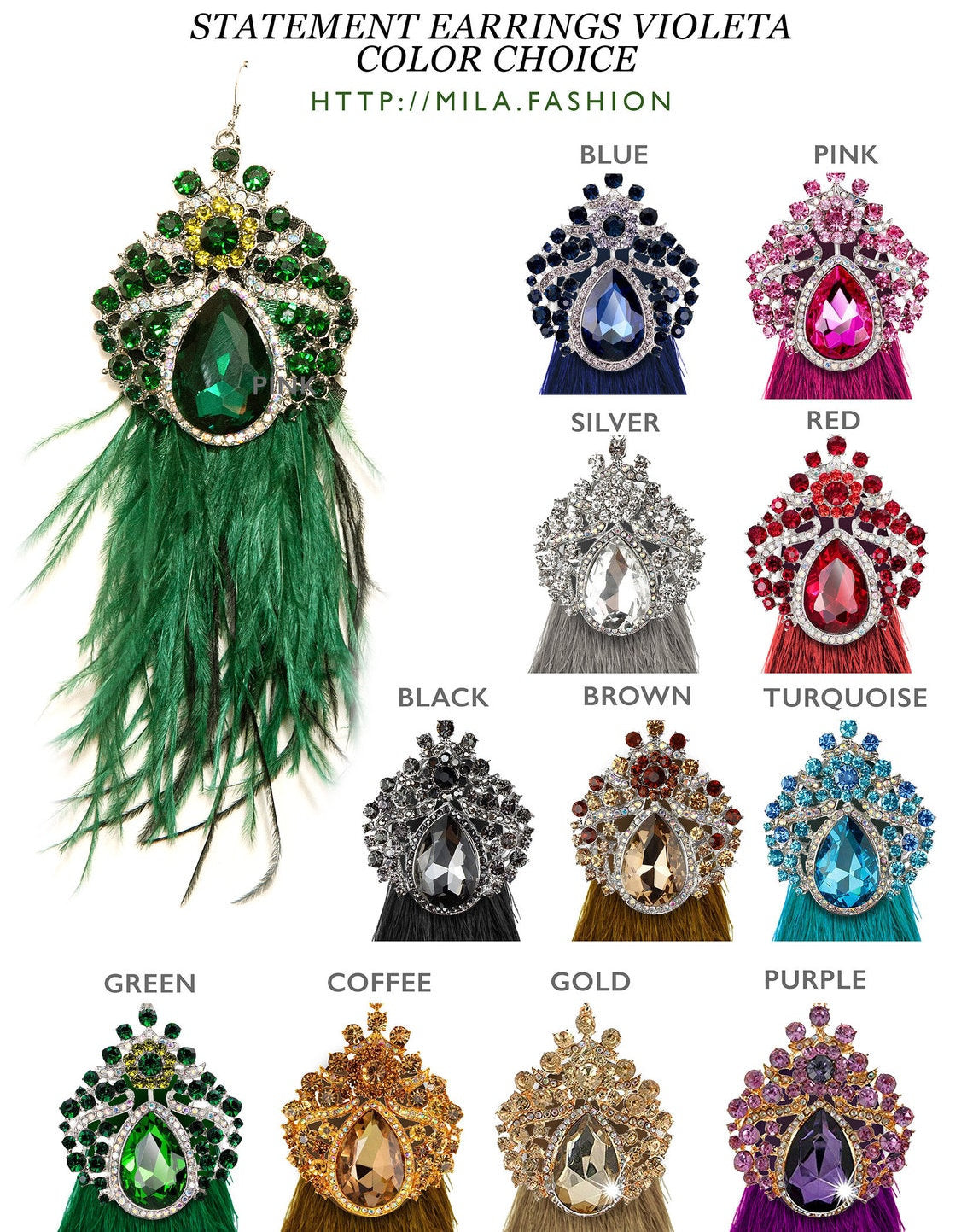 EMERALD GREEN VIOLETA Dangle Statement Feather Earrings on POST - Mologoko Couture