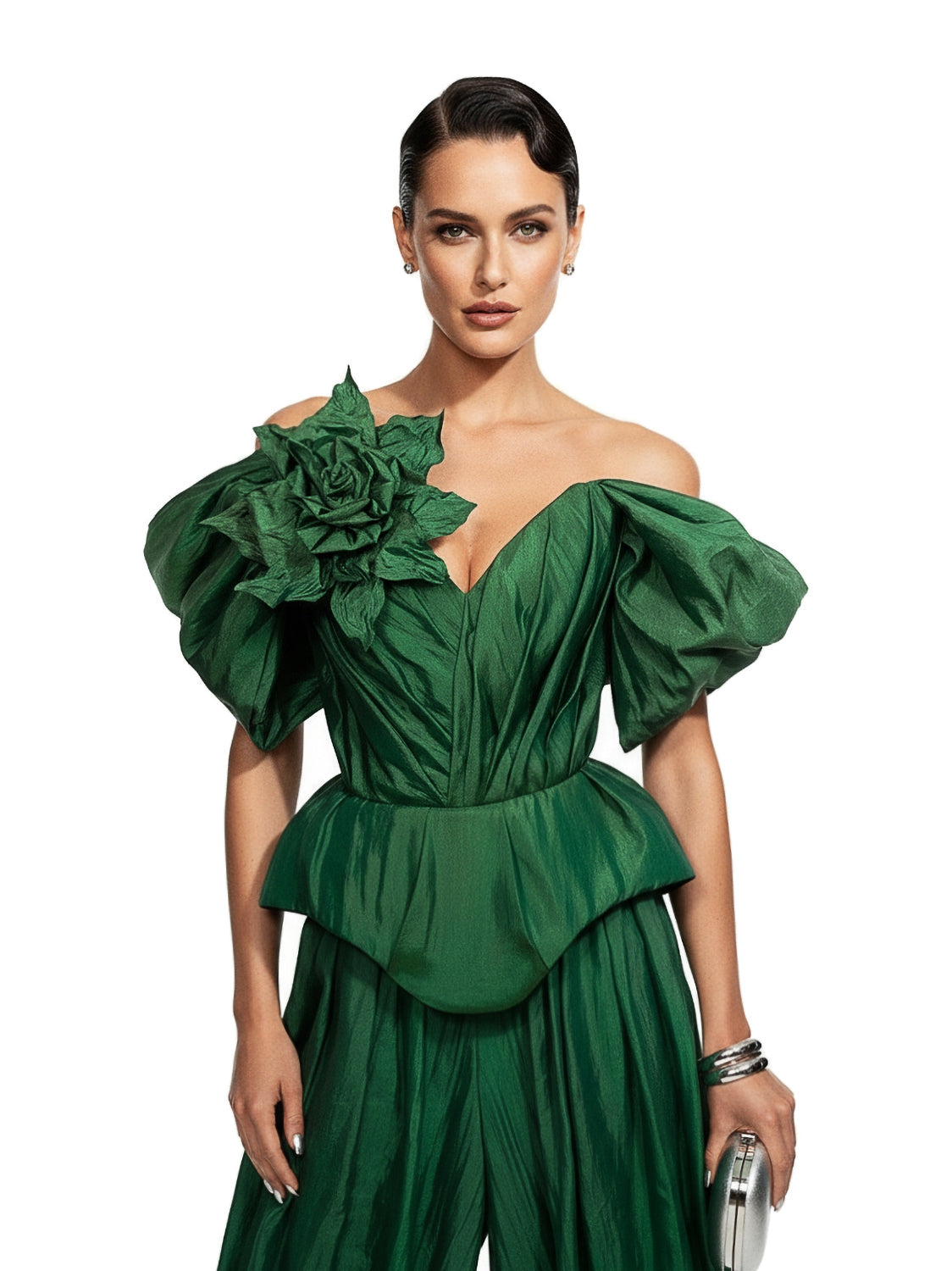 Emerald Green Silk Taffeta Draped Corset with Peplum