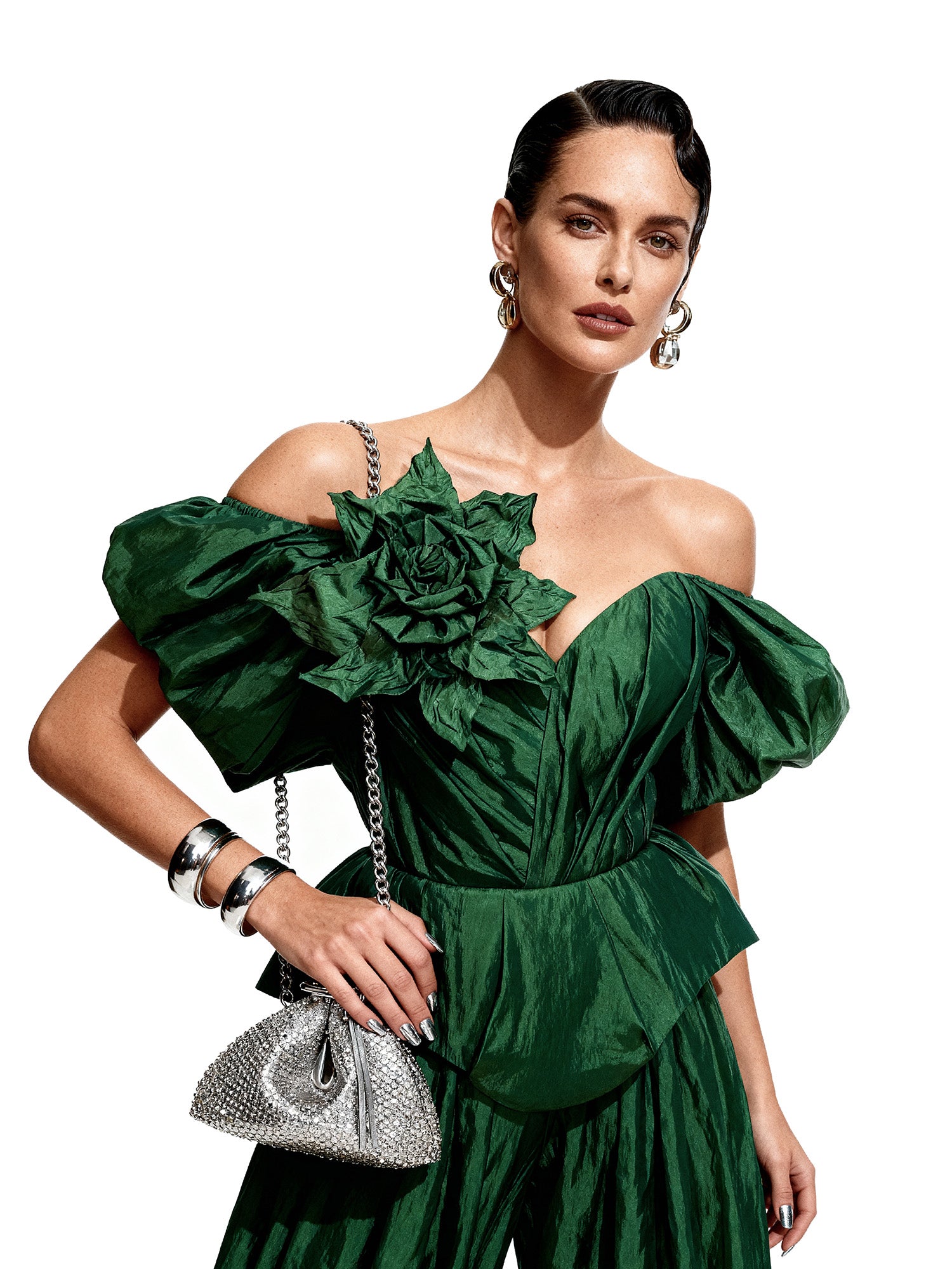 Emerald Green Silk Taffeta Draped Corset with Peplum