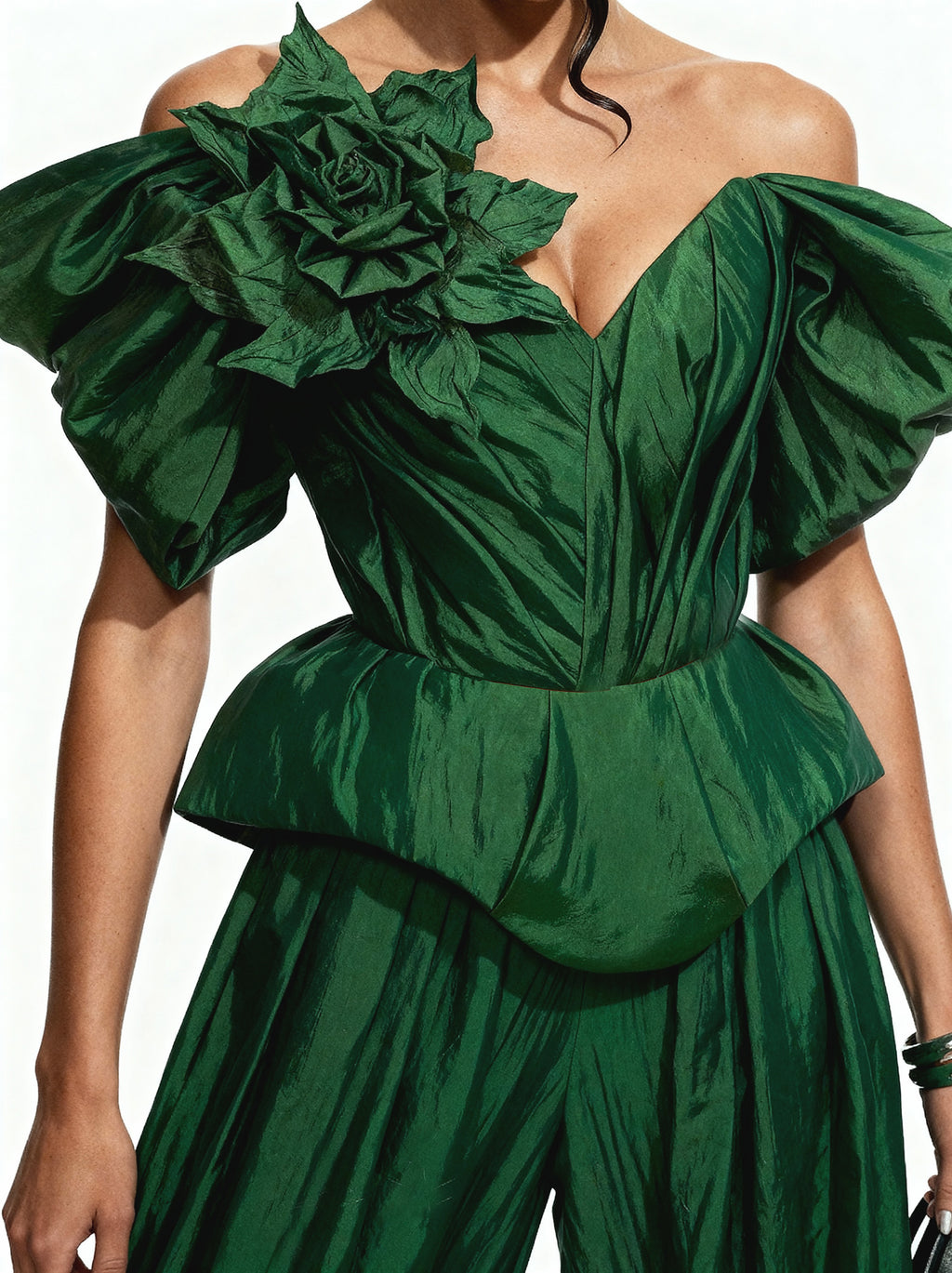 Emerald Green Silk Taffeta Draped Corset with Peplum