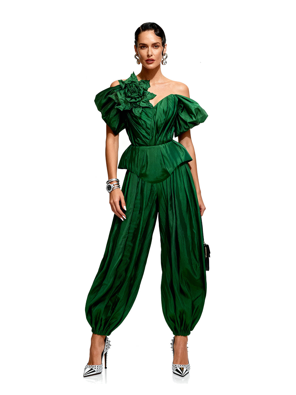 Emerald Green Silk Taffeta Draped Corset with Peplum