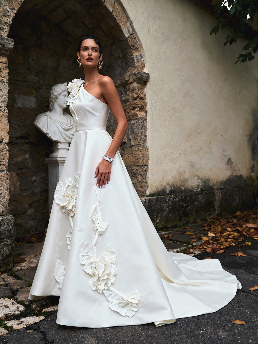 Viviana Raspberry 3D Floral One-Shoulder Ballgown