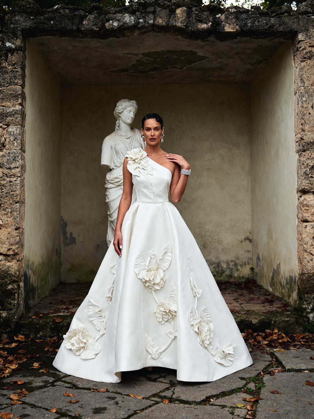 Viviana Raspberry 3D Floral One-Shoulder Ballgown