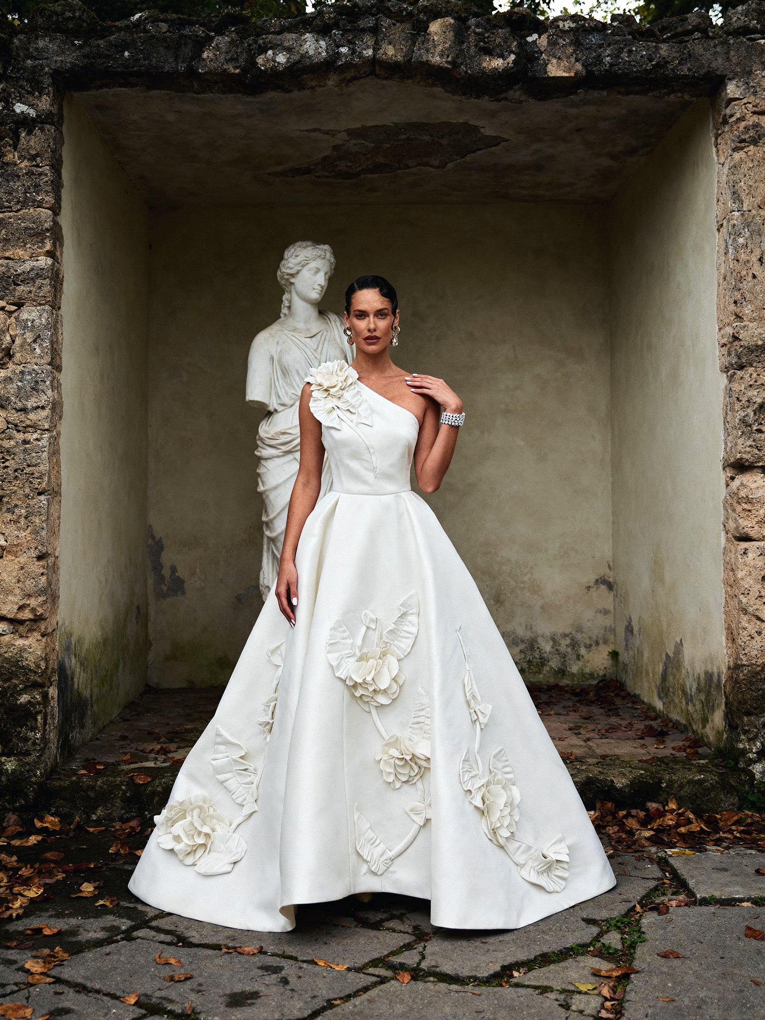 Viviana Raspberry 3D Floral One-Shoulder Ballgown