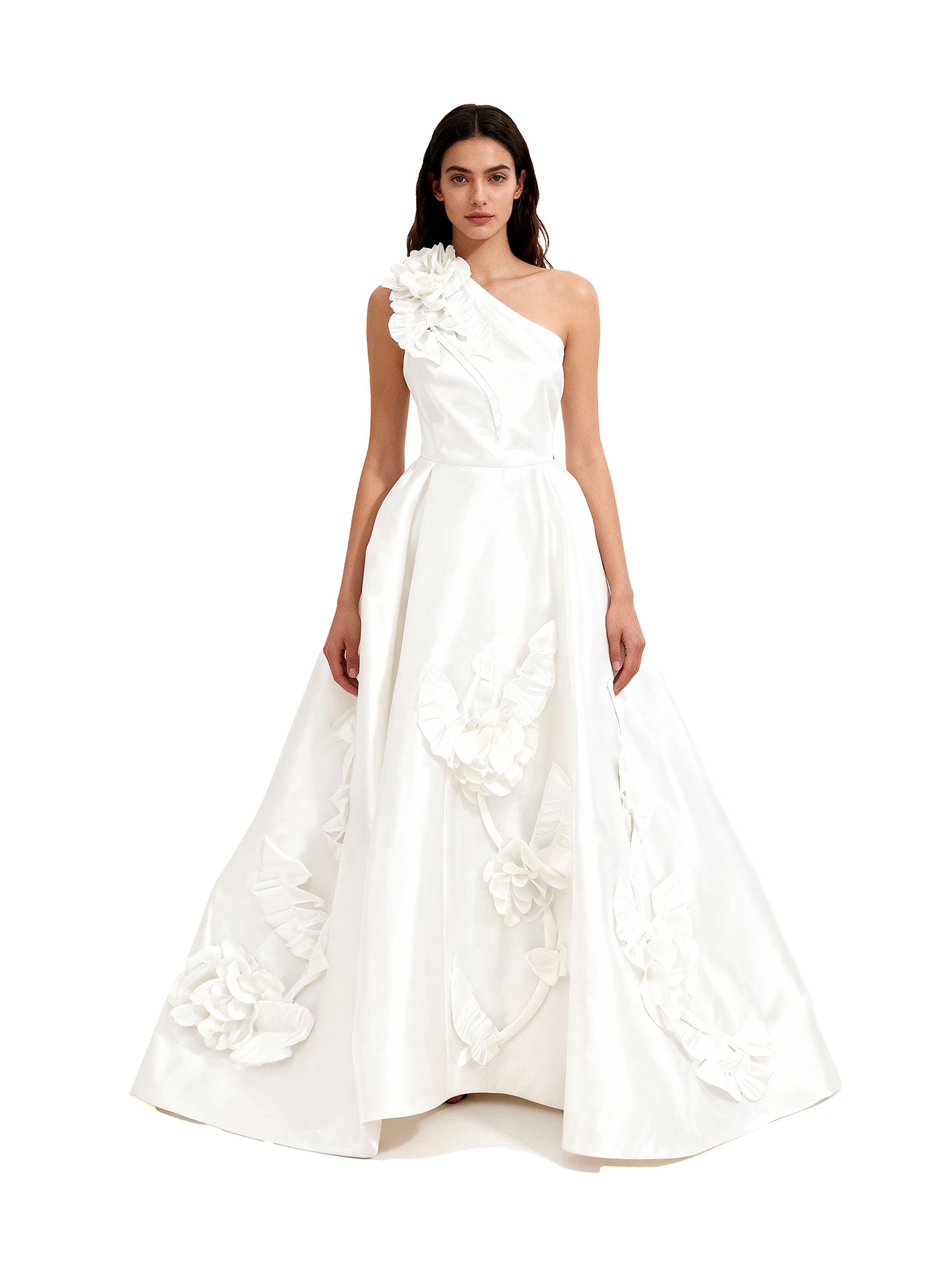 Viviana Raspberry 3D Floral One-Shoulder Ballgown