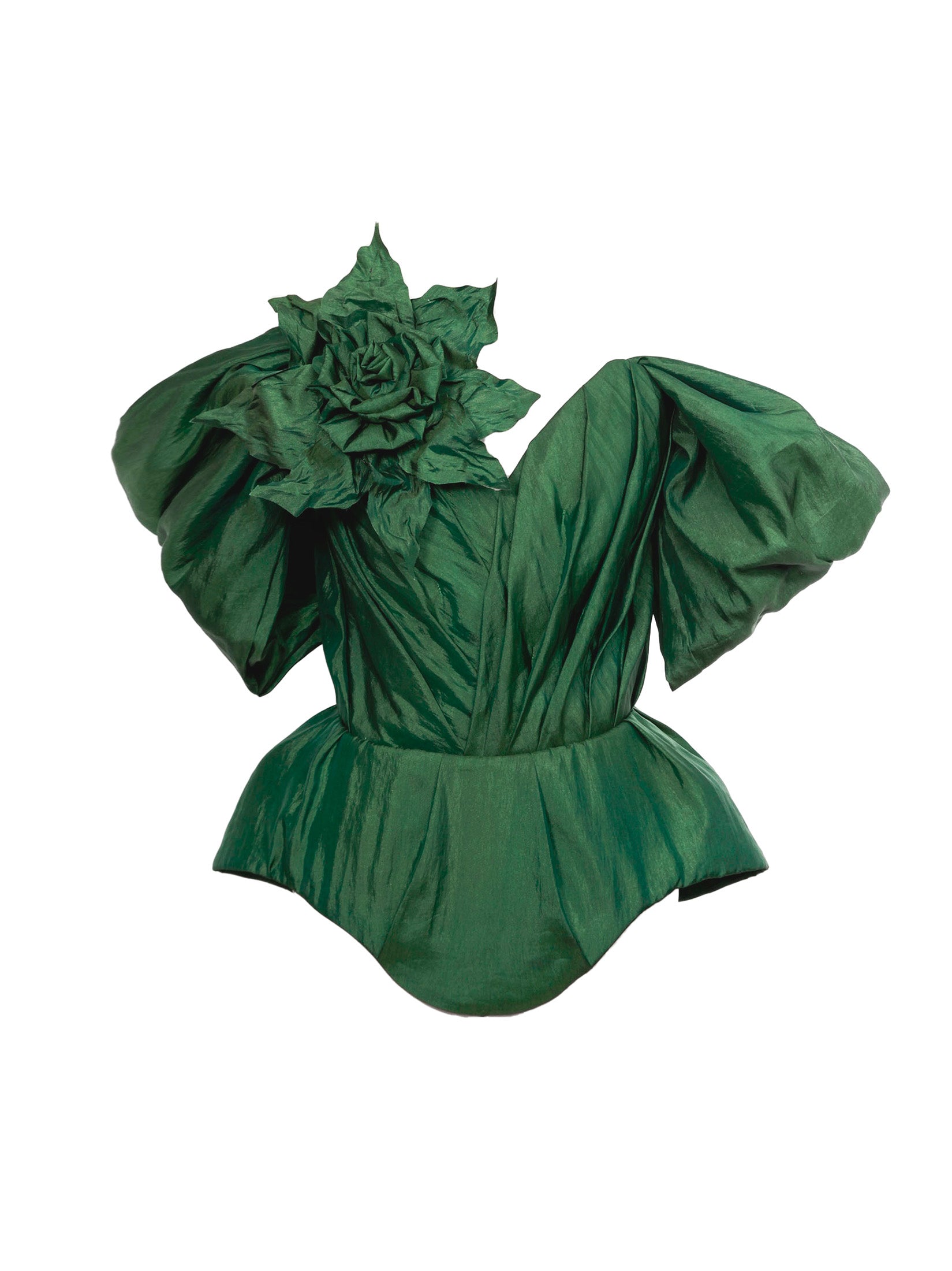Emerald Green Silk Taffeta Draped Corset with Peplum