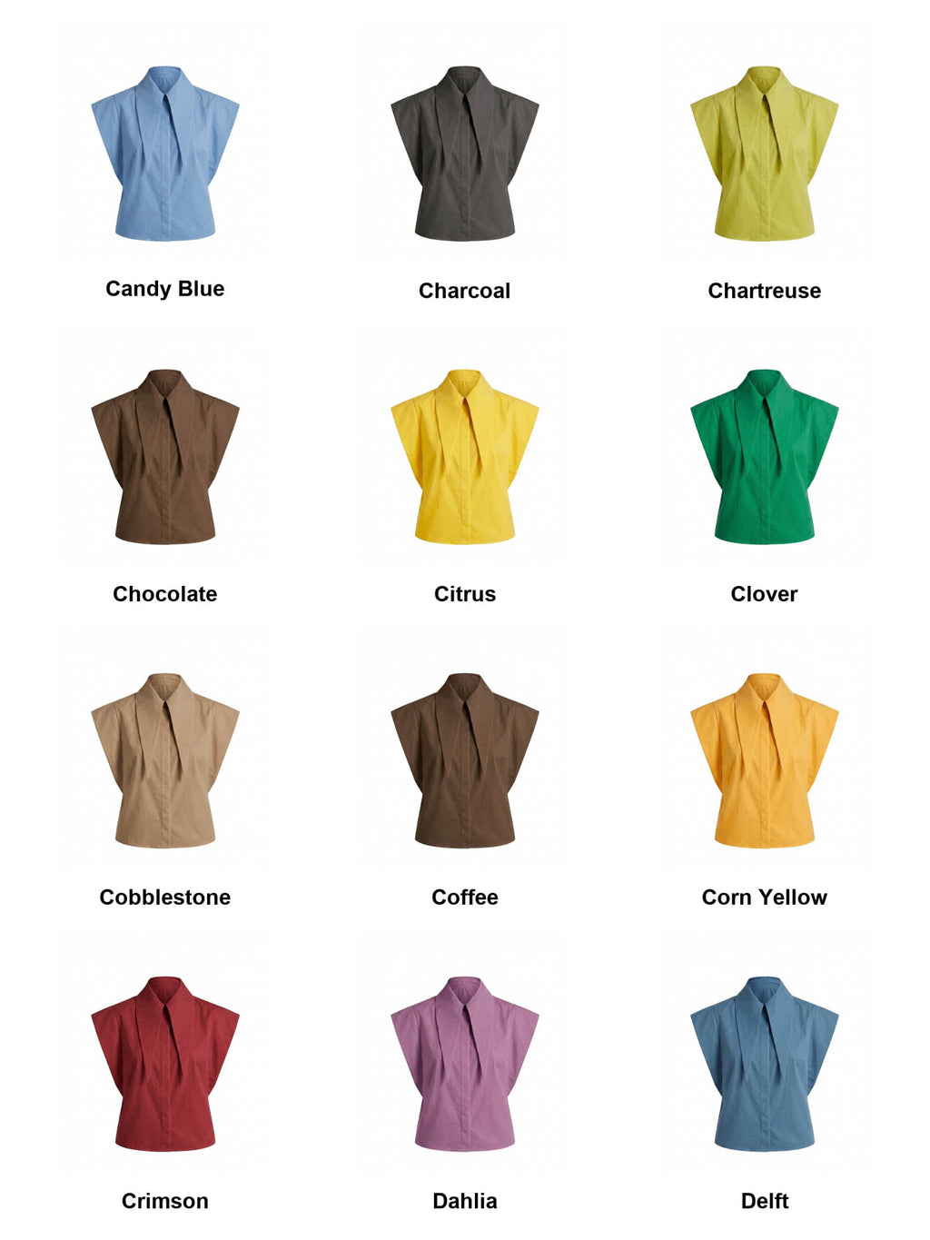 Matilda 11" Long Collar Strong Shoulder Sleeveless Shirt