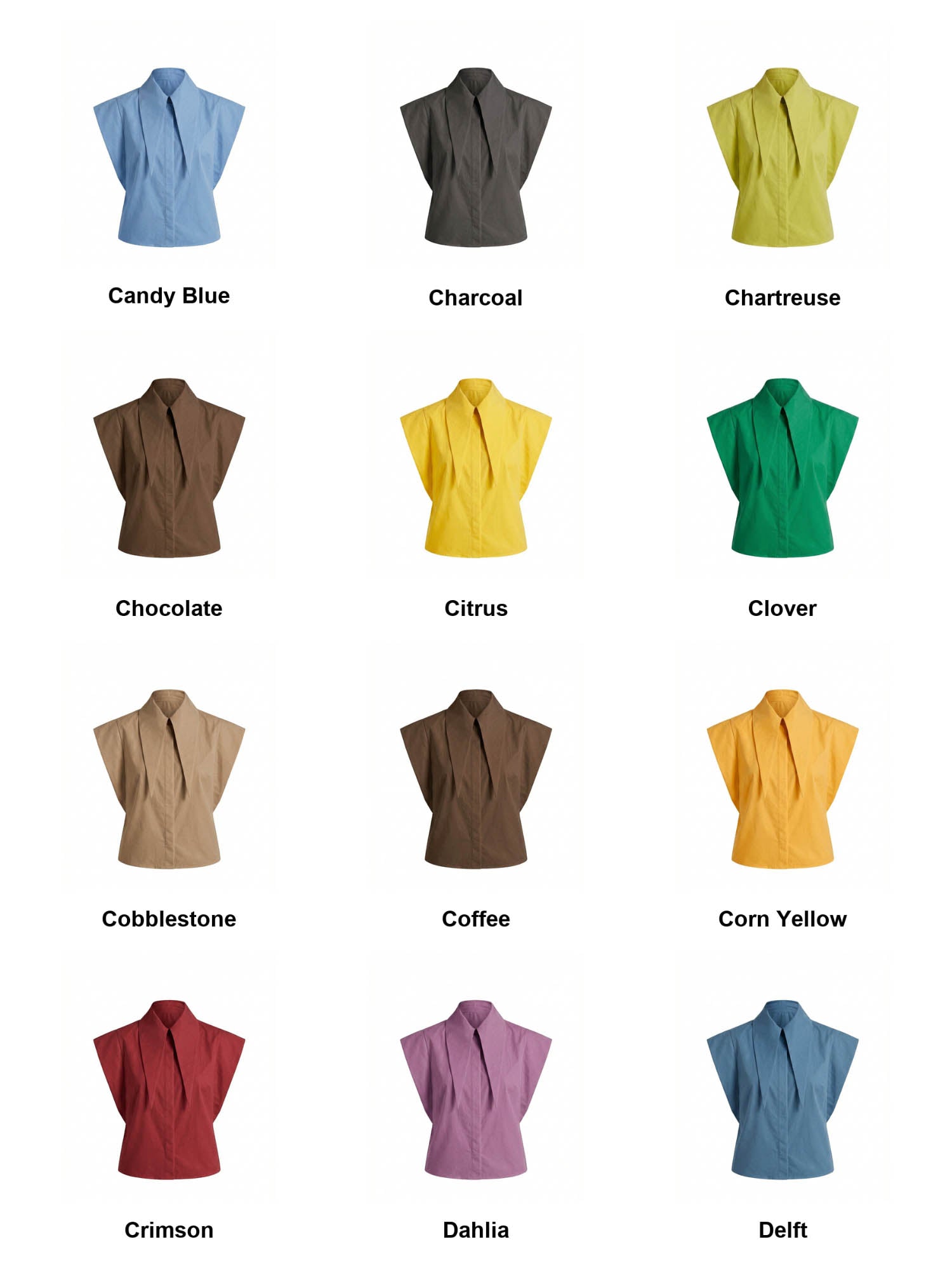 Matilda 11" Long Collar Strong Shoulder Sleeveless Shirt