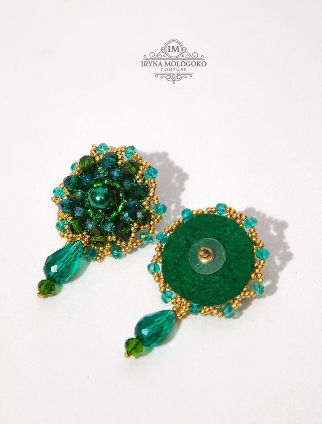 Emerald Green and Gold Hand Beaded Stud Earrings - Mologoko Couture
