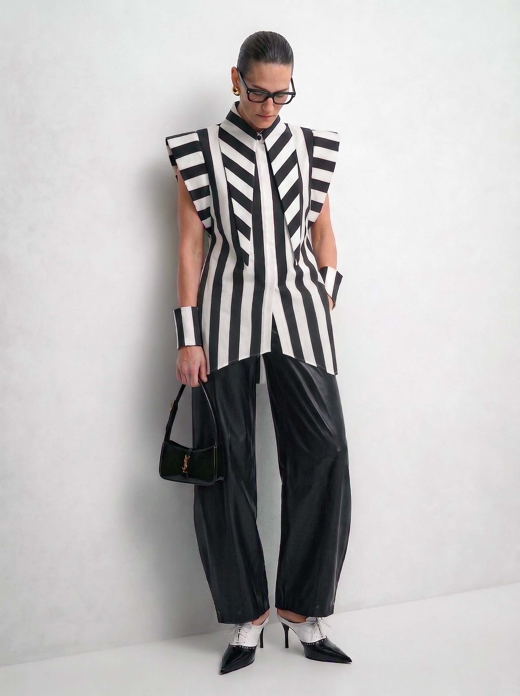 Matilda X 16" Long Collar Stripped Sleeveless Shirt Dress