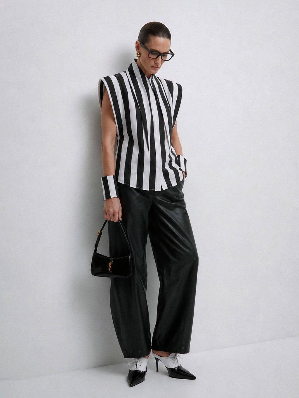 Matilda 16-inch Long Collar Striped Sleeveless Shirt, worn by a model, view 4
