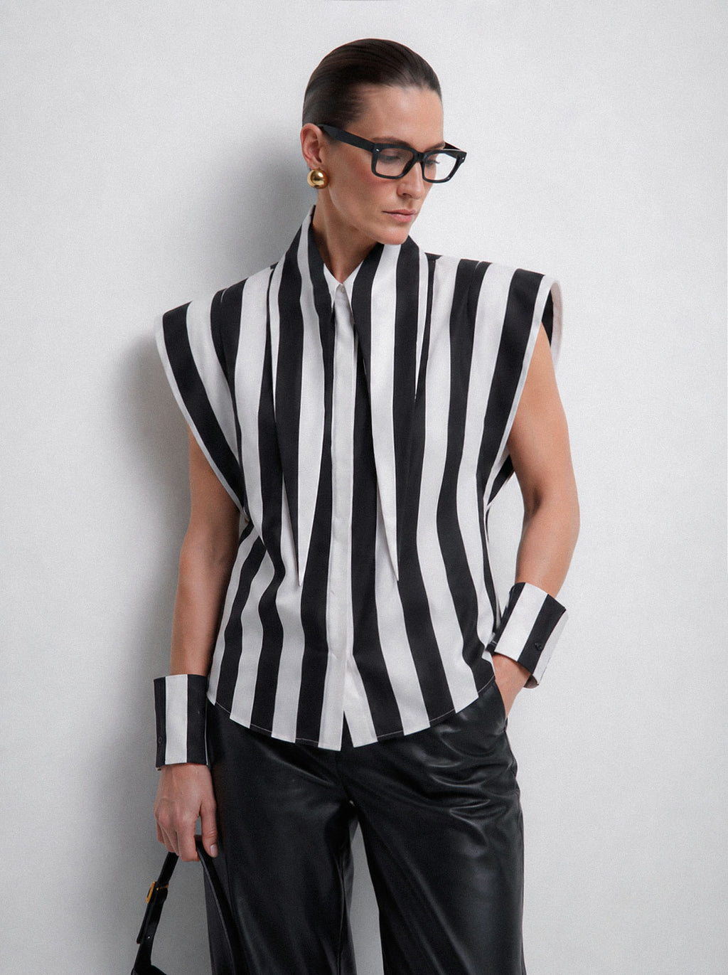Matilda 16-inch Long Collar Striped Sleeveless Shirt, worn by a model