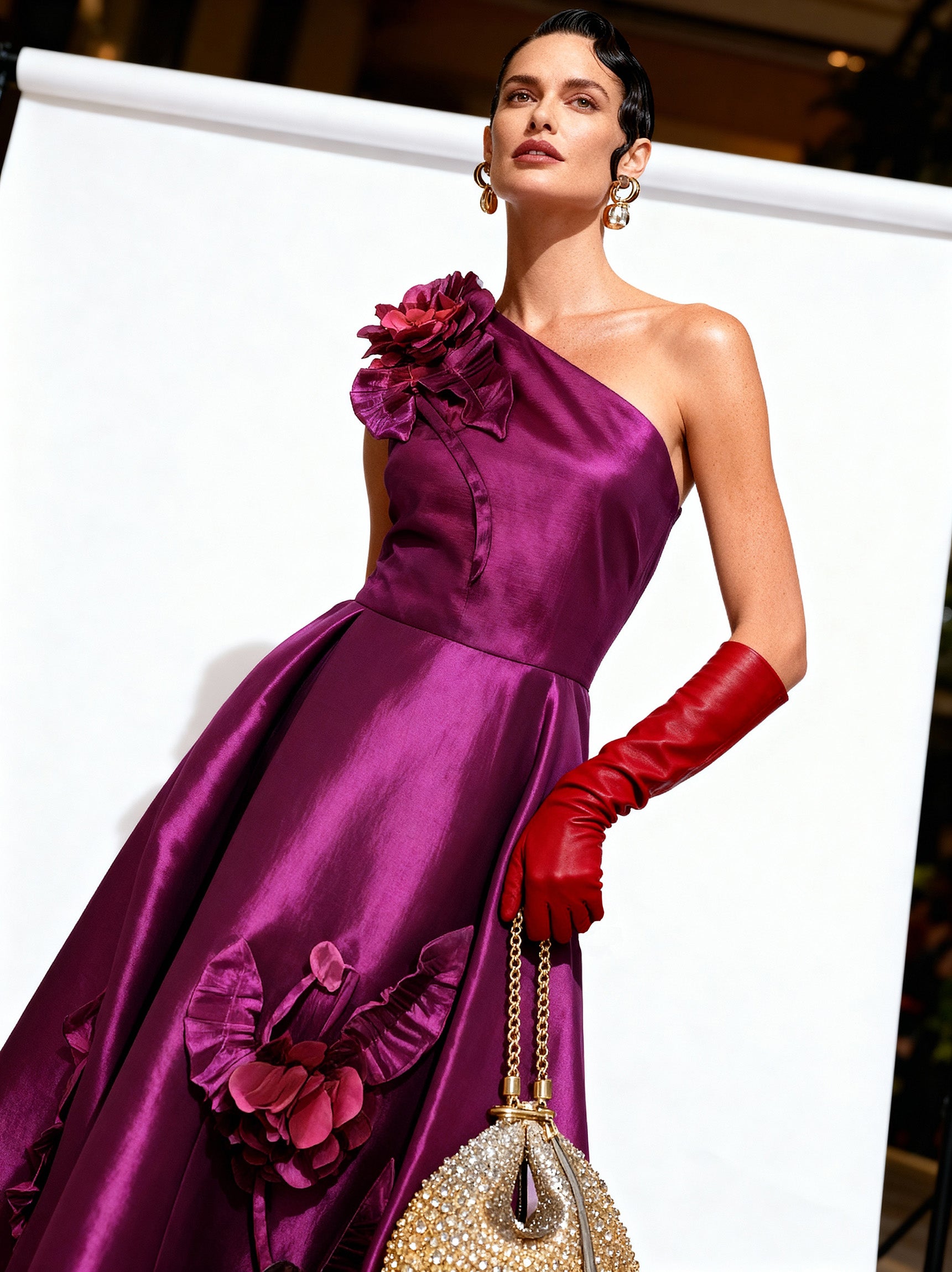 Viviana Raspberry 3D Floral One-Shoulder Ballgown