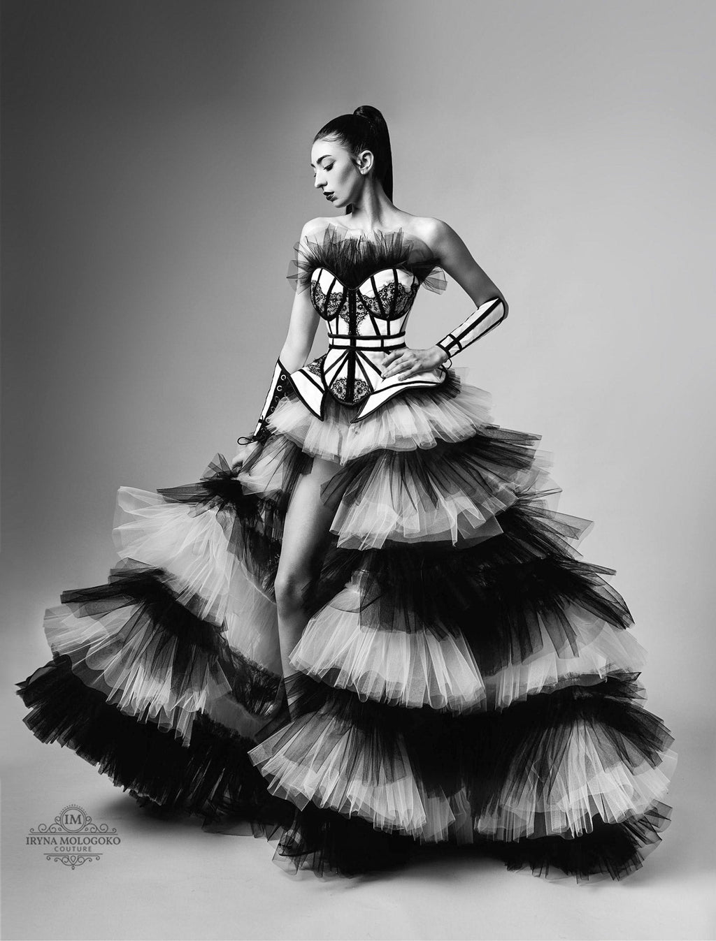The Chapel Window Tulle Black and White Overskirt - Mologoko Couture