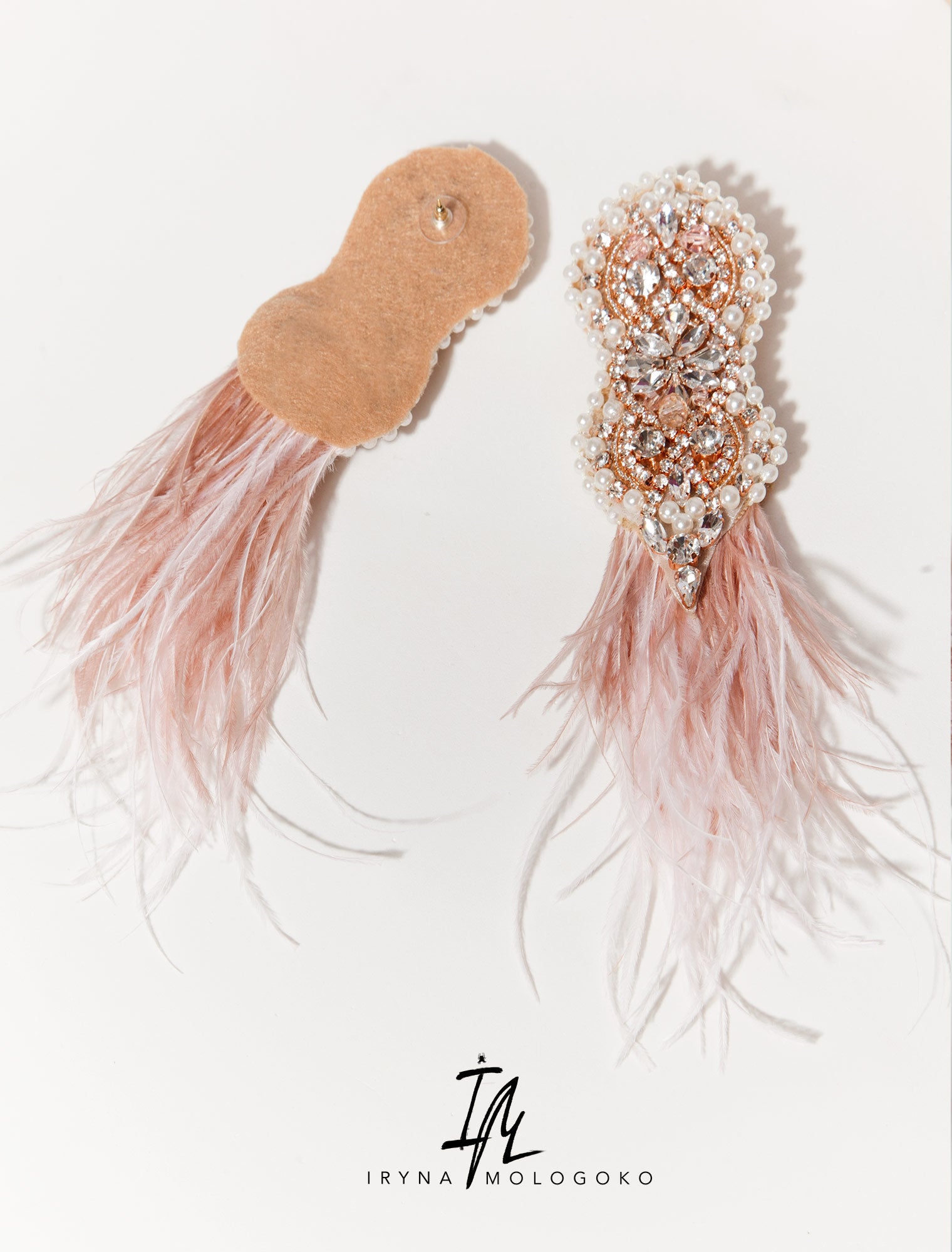 BLUSH PINK BEADED OSTRICH FEATHER STATEMENT EARRINGS - Mologoko Couture