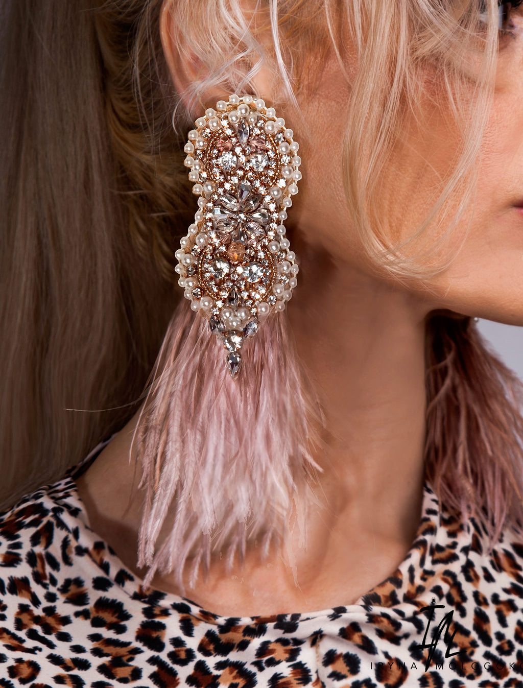 BLUSH PINK BEADED OSTRICH FEATHER STATEMENT EARRINGS - Mologoko Couture