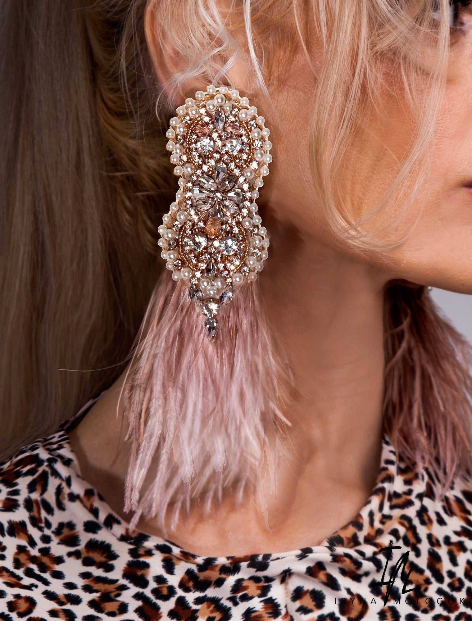 BLUSH PINK BEADED OSTRICH FEATHER STATEMENT EARRINGS - Mologoko Couture