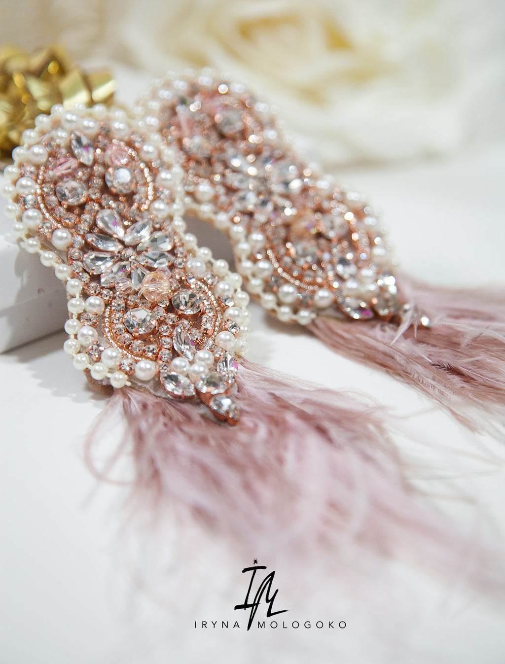 BLUSH PINK BEADED OSTRICH FEATHER STATEMENT EARRINGS - Mologoko Couture