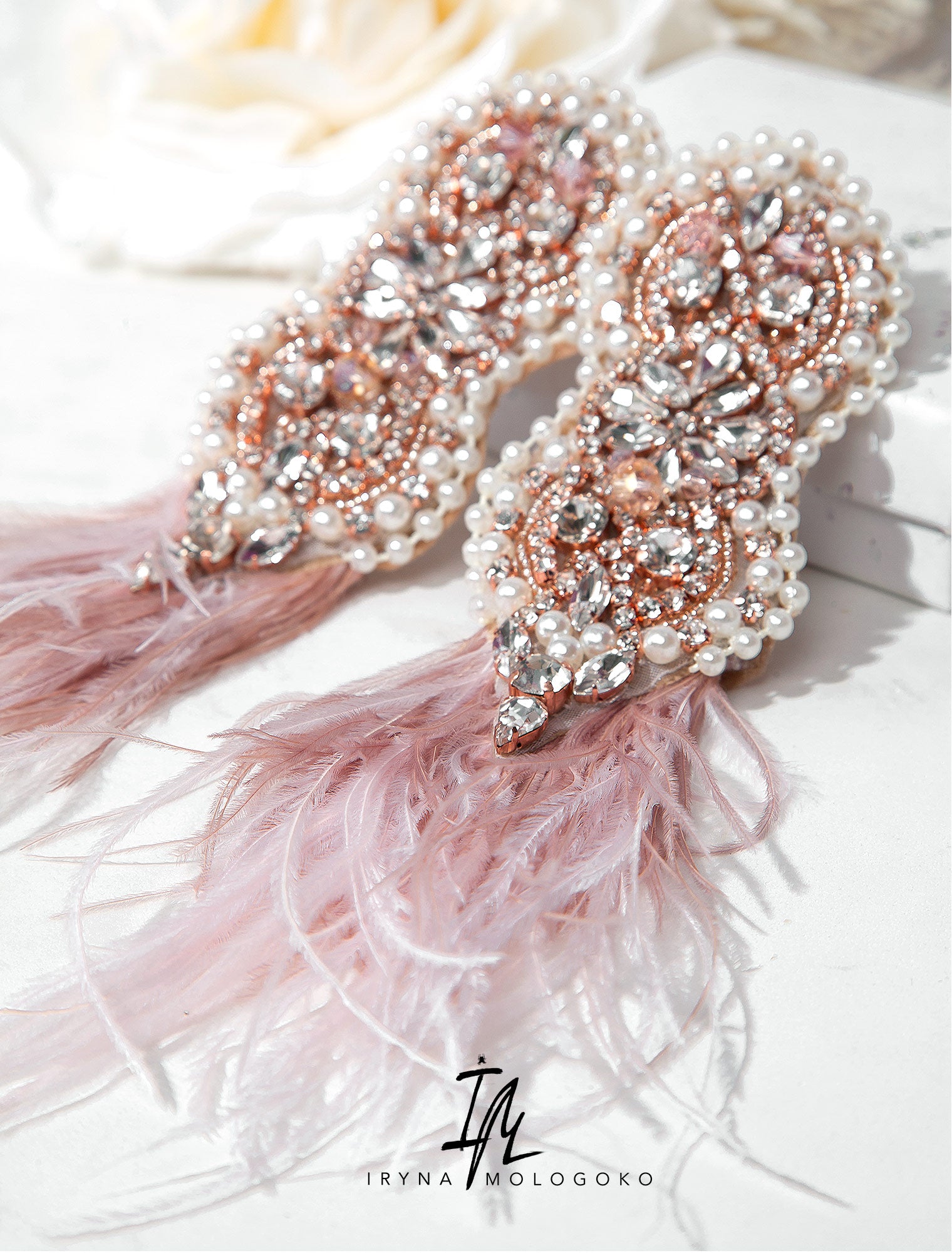 BLUSH PINK BEADED OSTRICH FEATHER STATEMENT EARRINGS - Mologoko Couture