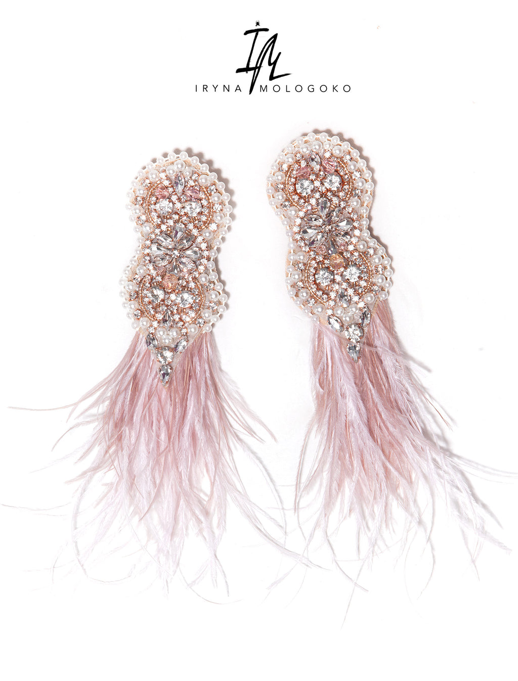 BLUSH PINK BEADED OSTRICH FEATHER STATEMENT EARRINGS - Mologoko Couture