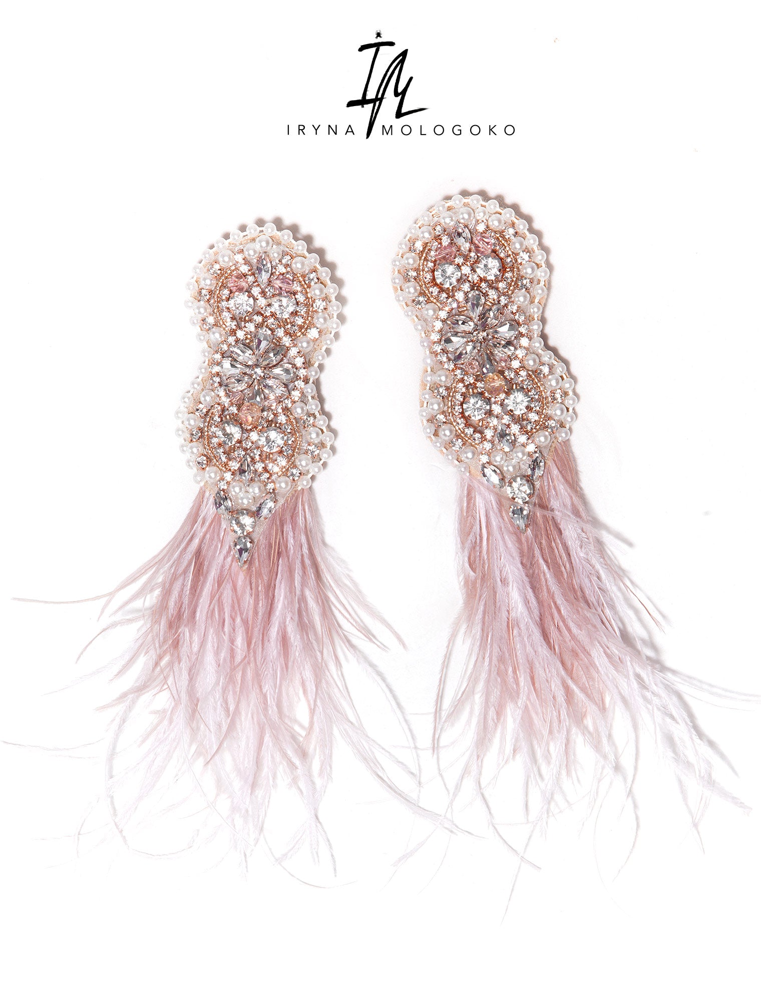 BLUSH PINK BEADED OSTRICH FEATHER STATEMENT EARRINGS - Mologoko Couture
