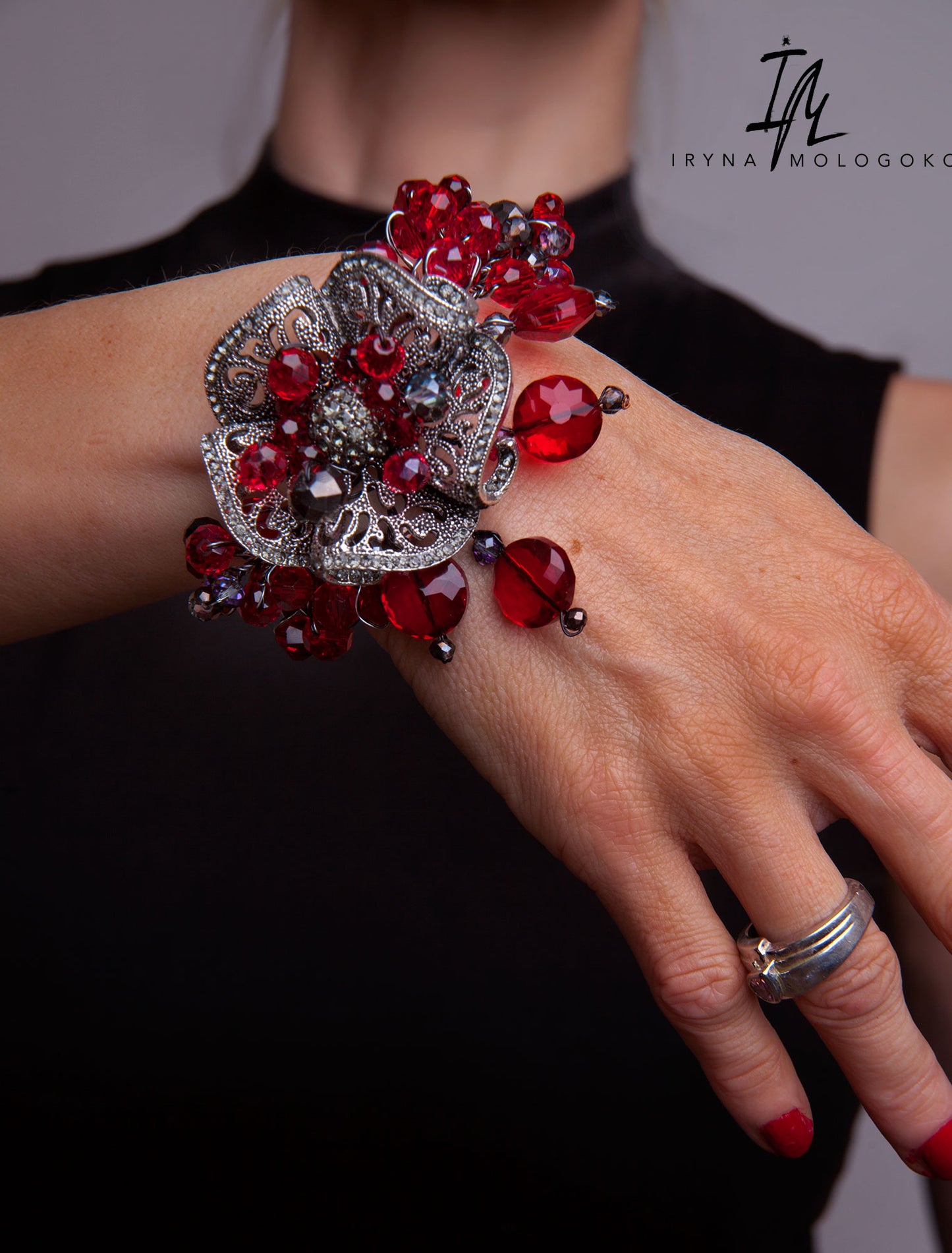 Chunky Ruby Red Silver Hand Beaded Bracelet