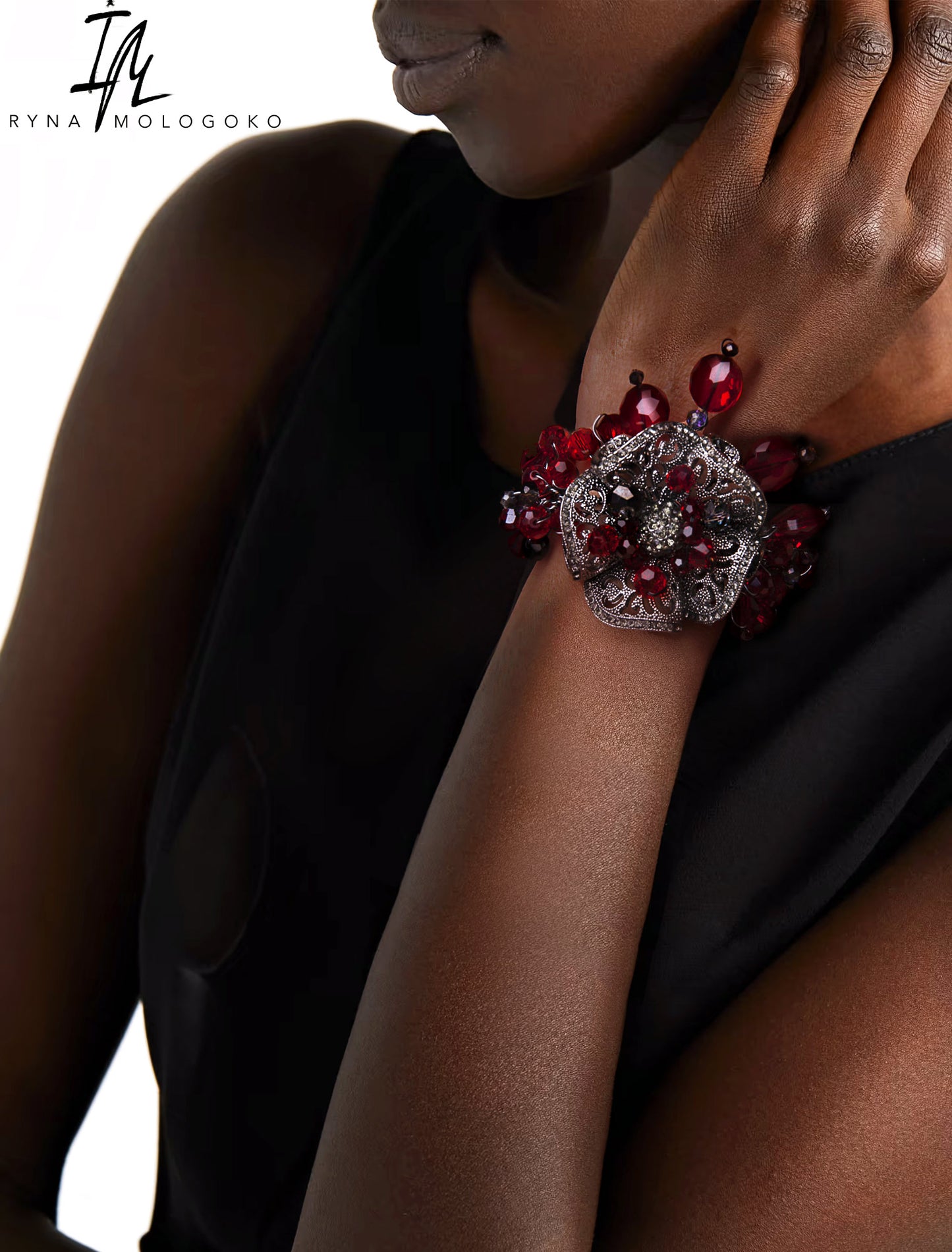 Chunky Ruby Red Silver Hand Beaded Bracelet