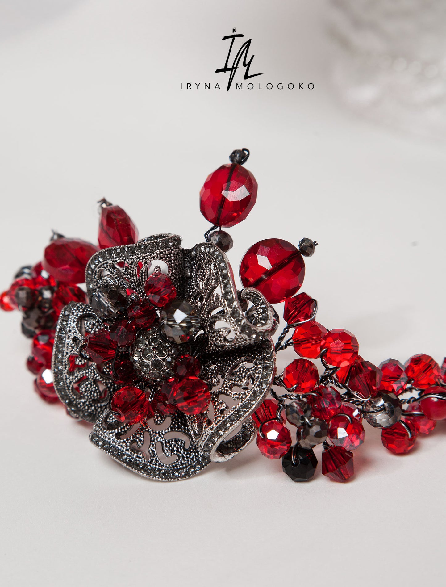 Chunky Ruby Red Silver Hand Beaded Bracelet